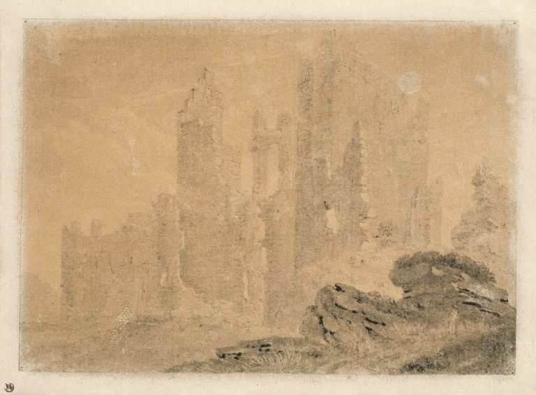 Auf diesem Bild ist das folgende Kunstwerk zu sehen:  Deutsch, um 1800. Ruine im Nebel.
