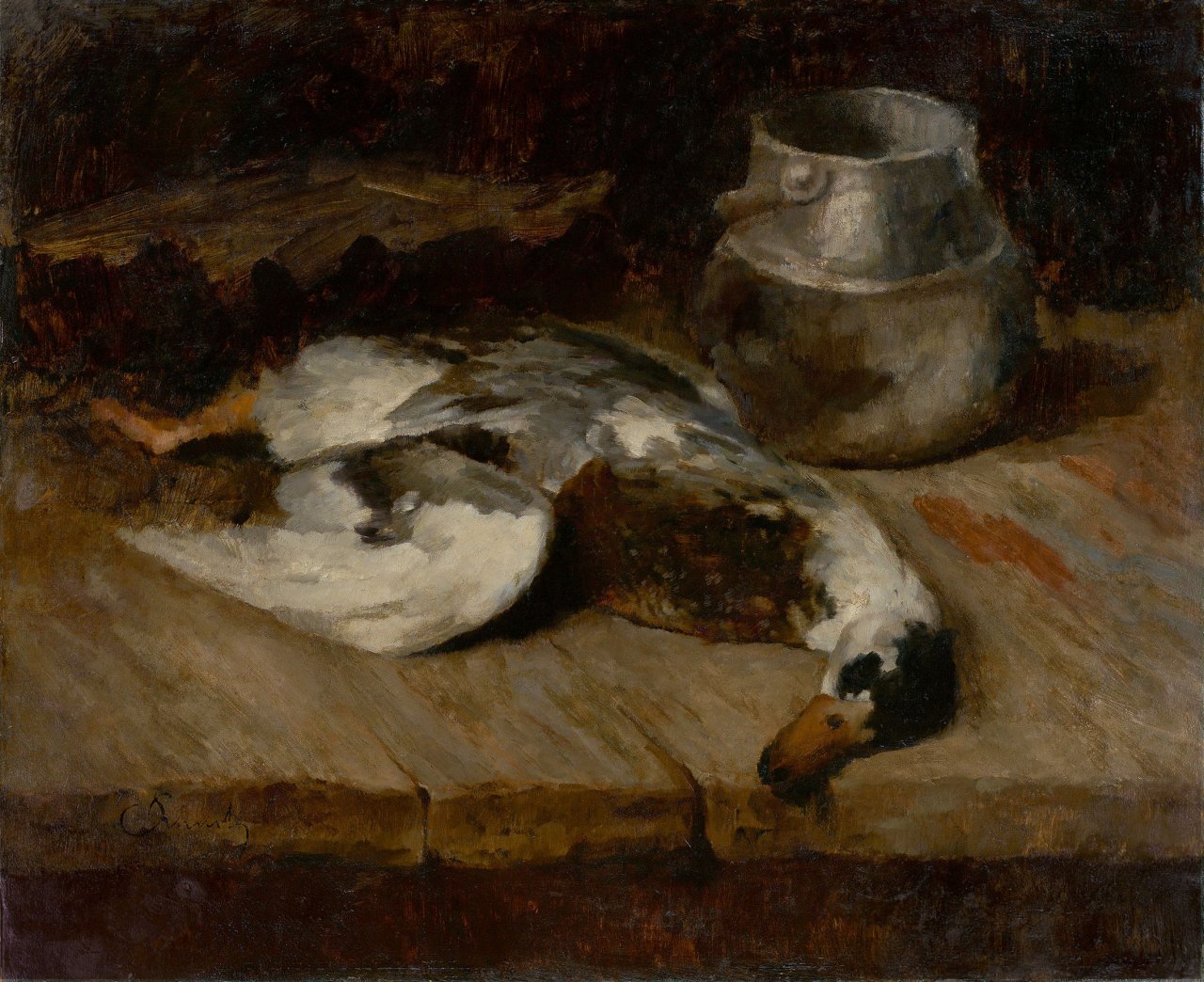 Auf diesem Bild ist das folgende Kunstwerk zu sehen: Carl Schuch. „Wildente und Blechdose“. Um 1885/90?.