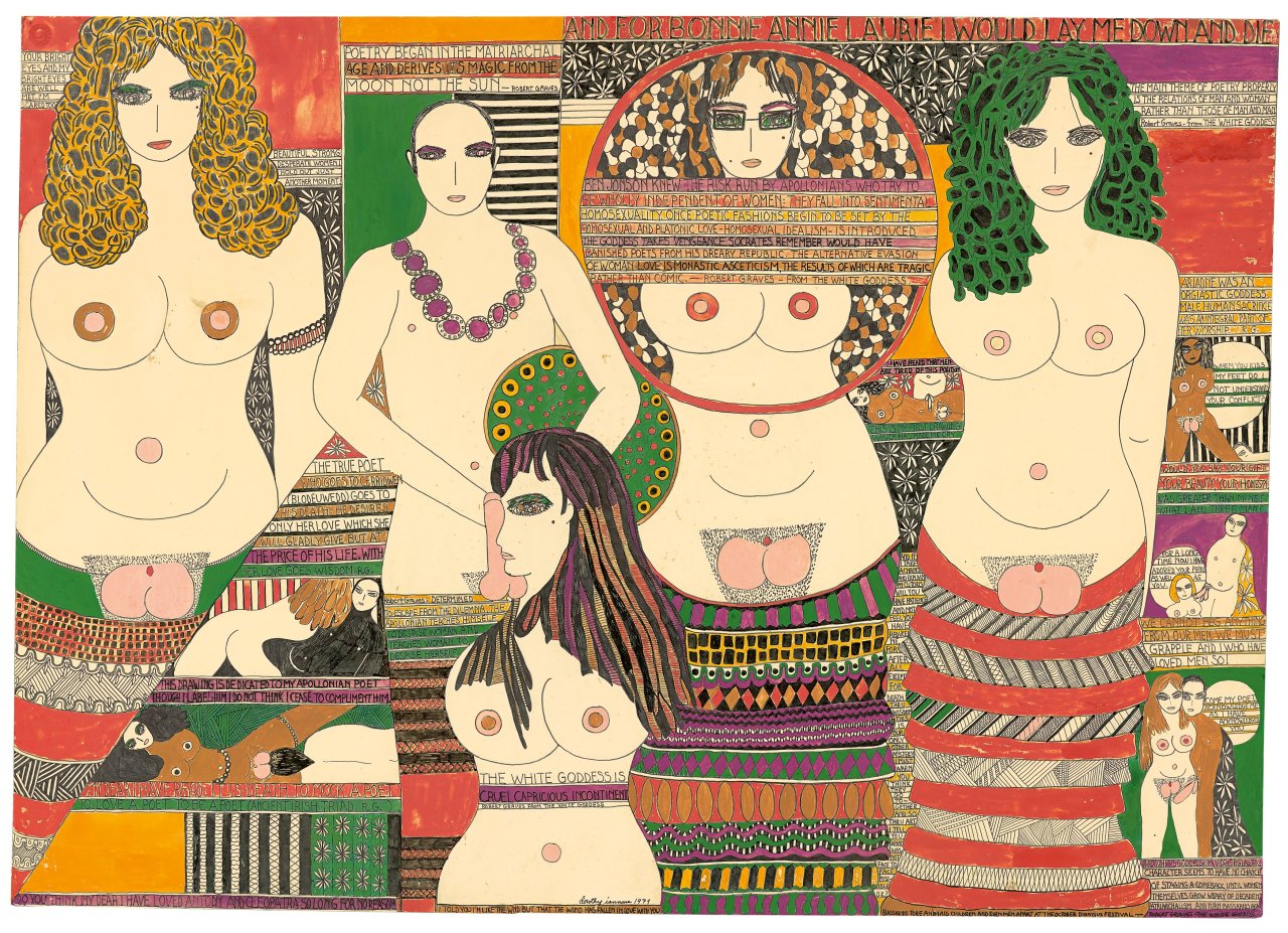 This picture shows the following artwork: Dorothy Iannone. Untitled (AND FOR BONNIE ANNIE LAURIE I WOULD LAY ME DOWN AND DIE). 1971.