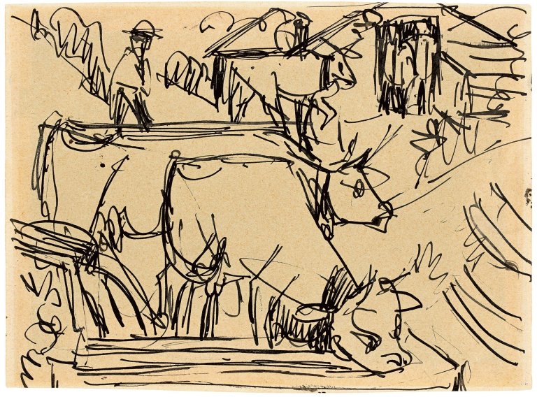 Auf diesem Bild ist das folgende Kunstwerk zu sehen: Ernst Ludwig Kirchner. „Kühe“. Um 1920.