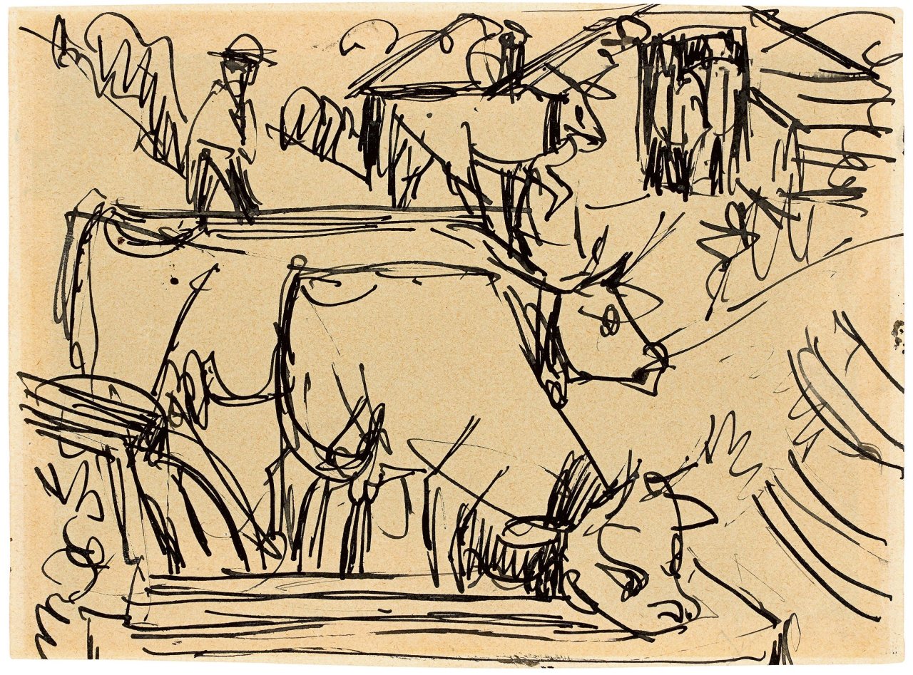 Auf diesem Bild ist das folgende Kunstwerk zu sehen: Ernst Ludwig Kirchner. „Kühe“. Um 1920.