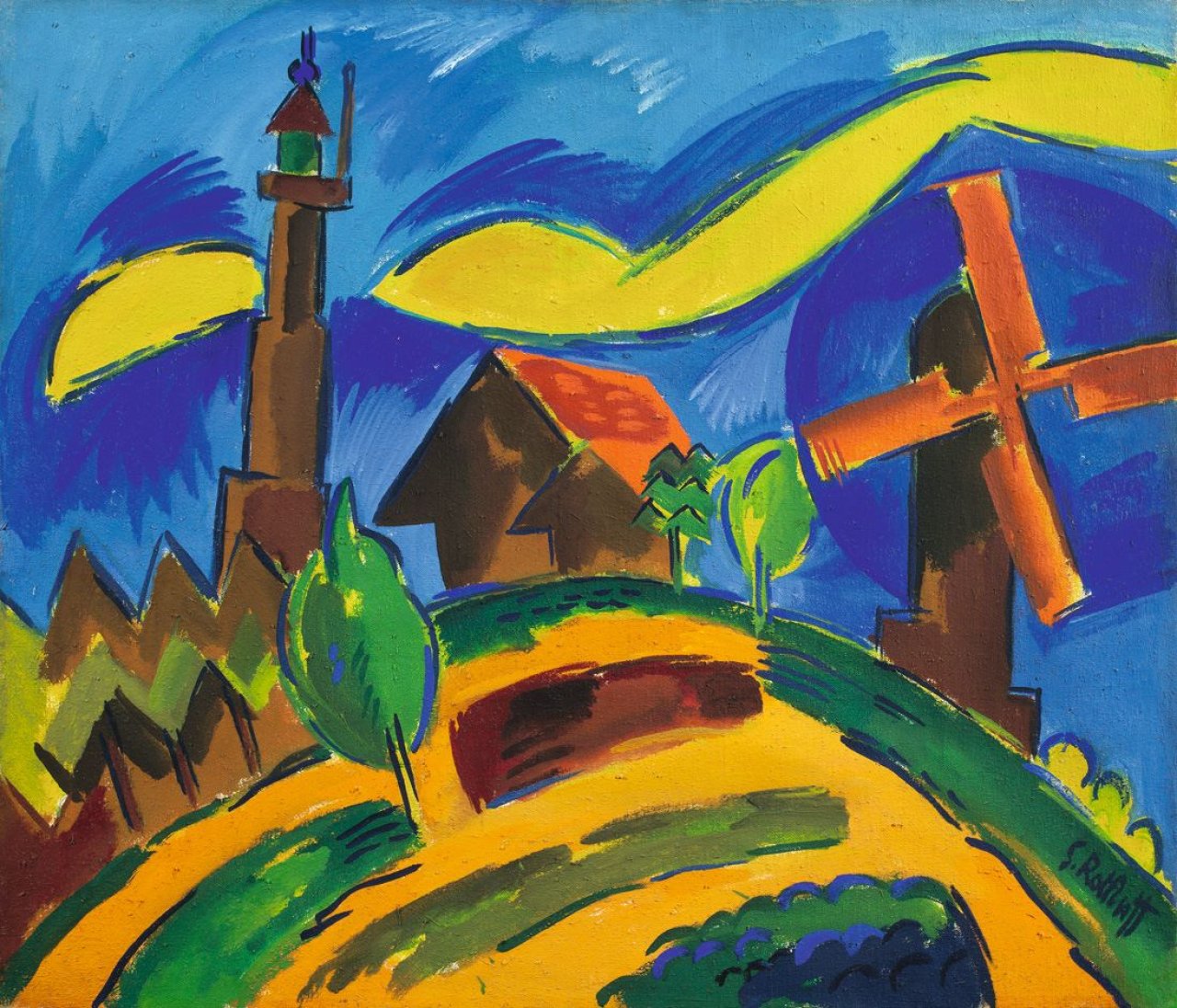 Auf diesem Bild ist das folgende Kunstwerk zu sehen: Karl Schmidt-Rottluff. „Landschaft mit Leuchtturm und Windmühle“. 1920.