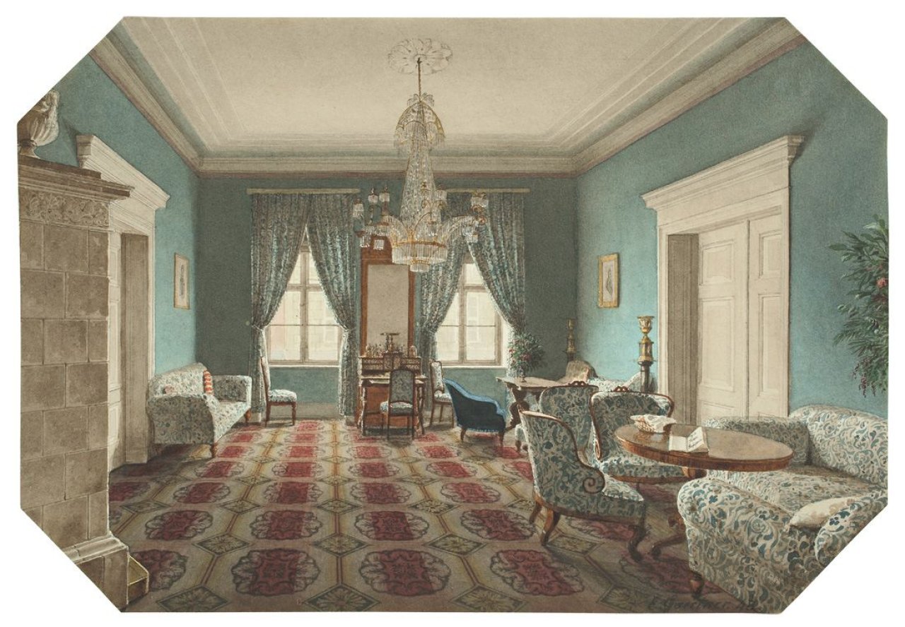 Auf diesem Bild ist das folgende Kunstwerk zu sehen: Eduard Gaertner. Blauer Salon. 1848.