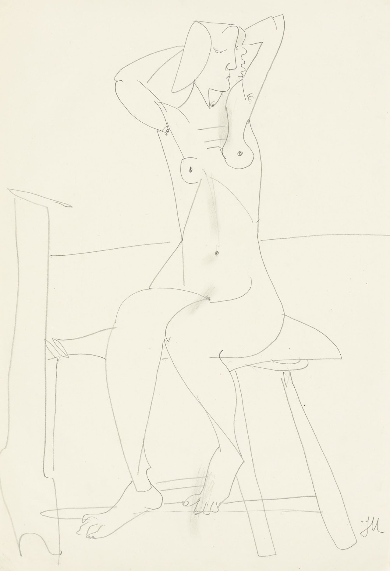 Auf diesem Bild ist das folgende Kunstwerk zu sehen: Jeanne Mammen. „Auf Hocker sitzender weiblicher Akt, Arme hinter dem Kopf verschränkt“. Um 1939-45.