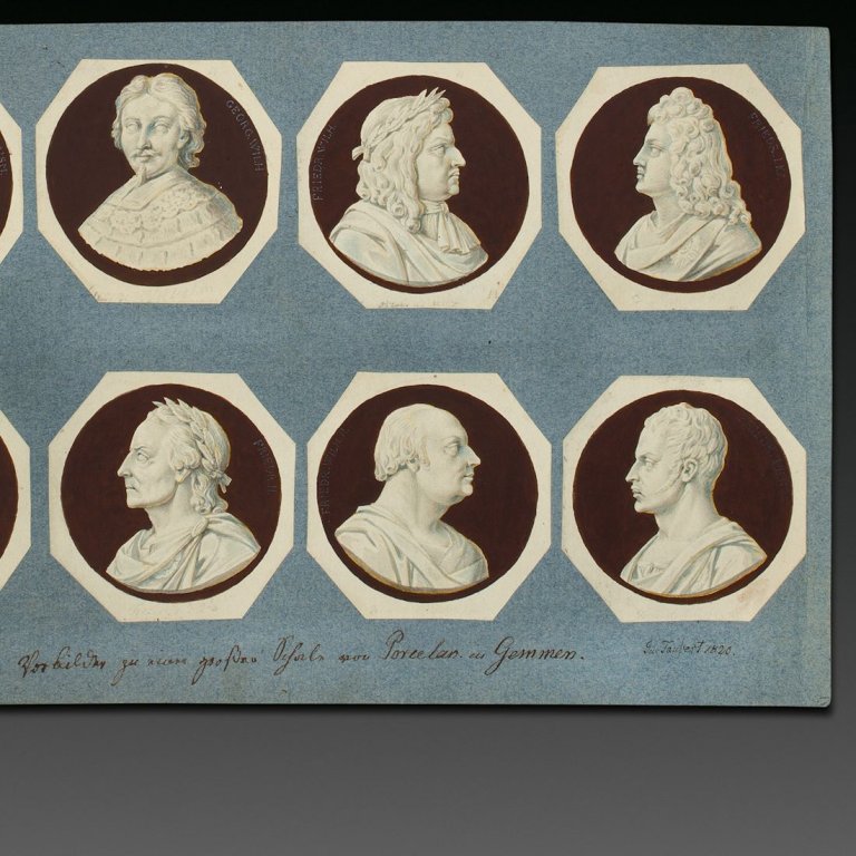Auf diesem Bild ist das folgende Kunstwerk zu sehen: Gustav Friedrich Amalius Taubert. Portraits der brandenburgischen Kurfürsten und preußischen Könige – „Vorbilder zu einer großen Schale von Porzelan in Gemmen“. 1820.