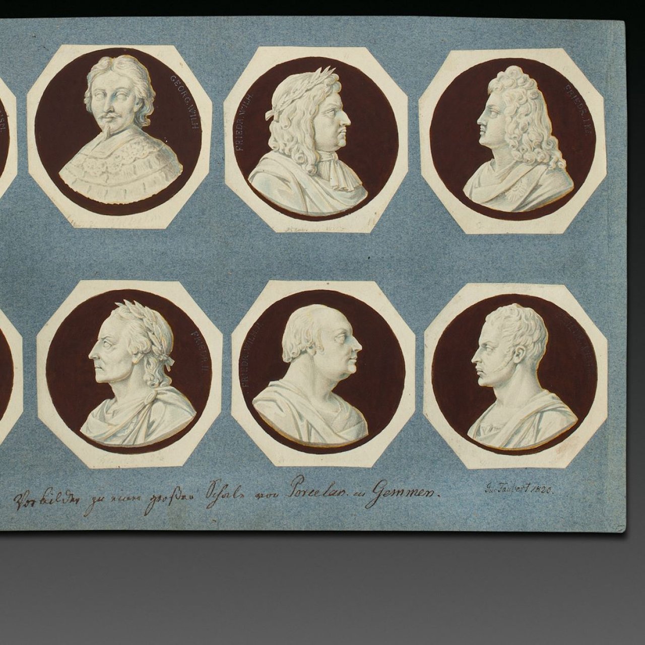 Auf diesem Bild ist das folgende Kunstwerk zu sehen: Gustav Friedrich Amalius Taubert. Portraits der brandenburgischen Kurfürsten und preußischen Könige – „Vorbilder zu einer großen Schale von Porzelan in Gemmen“. 1820.
