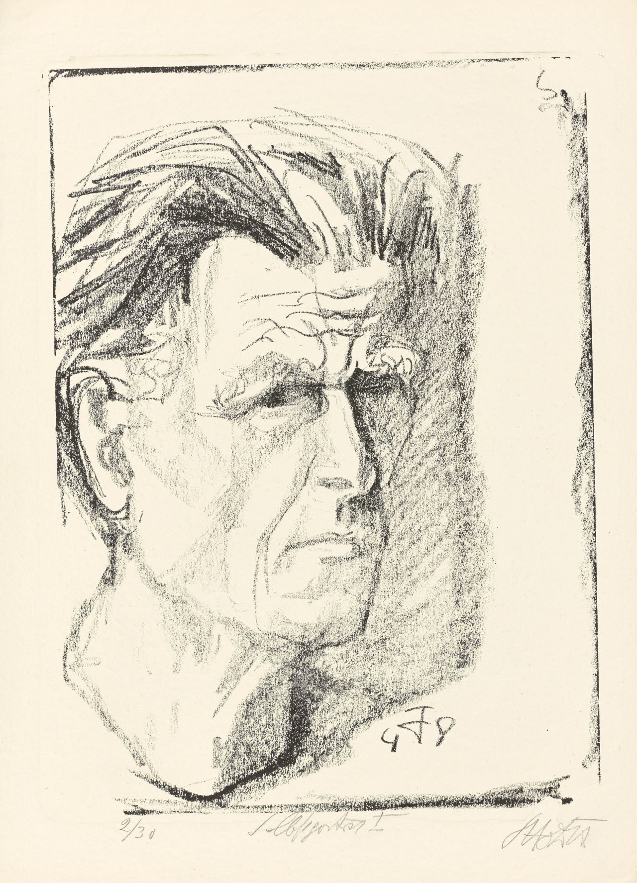 Auf diesem Bild ist das folgende Kunstwerk zu sehen: Otto Dix. „Selbstbildnis I (nach rechts, Kragenlinie einfach)“. 1948.