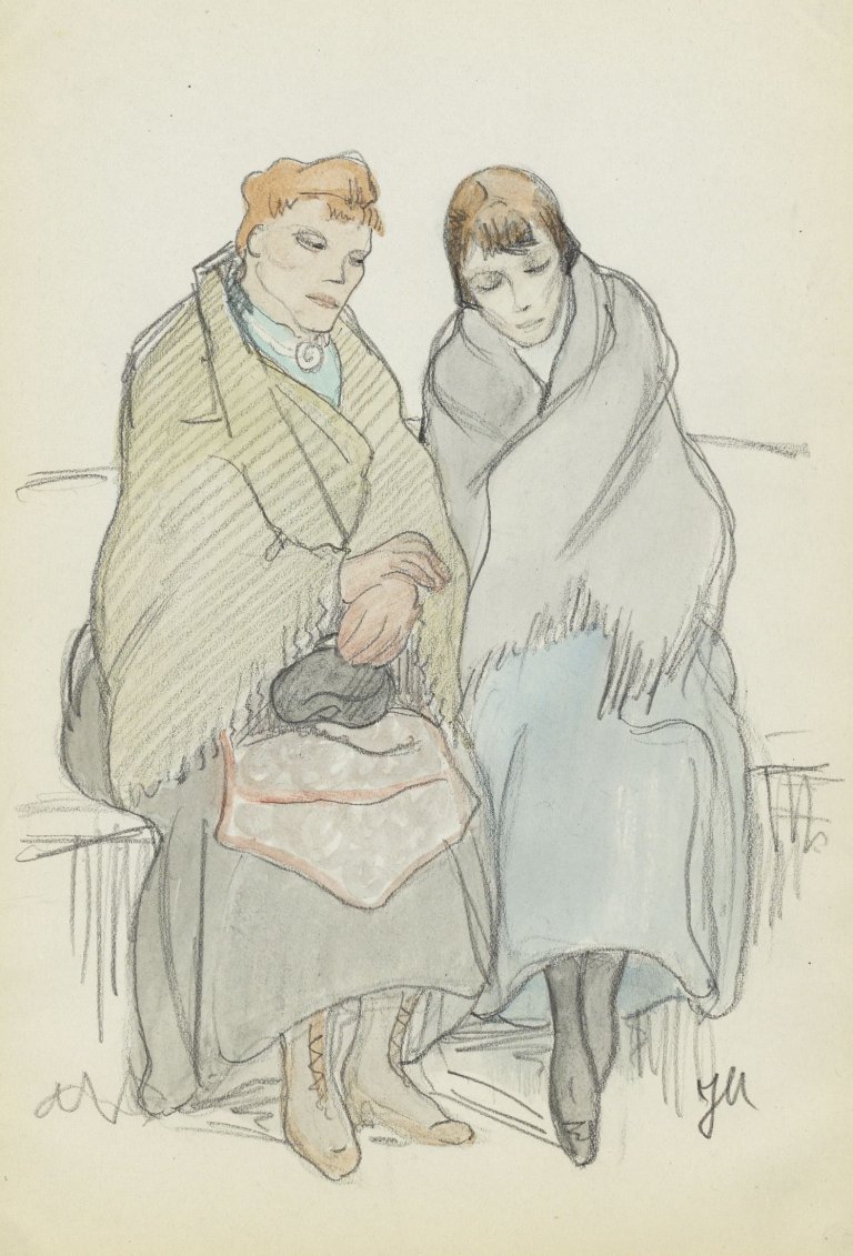 Auf diesem Bild ist das folgende Kunstwerk zu sehen: Jeanne Mammen. Zwei sitzende Frauen. Um 1910-14.