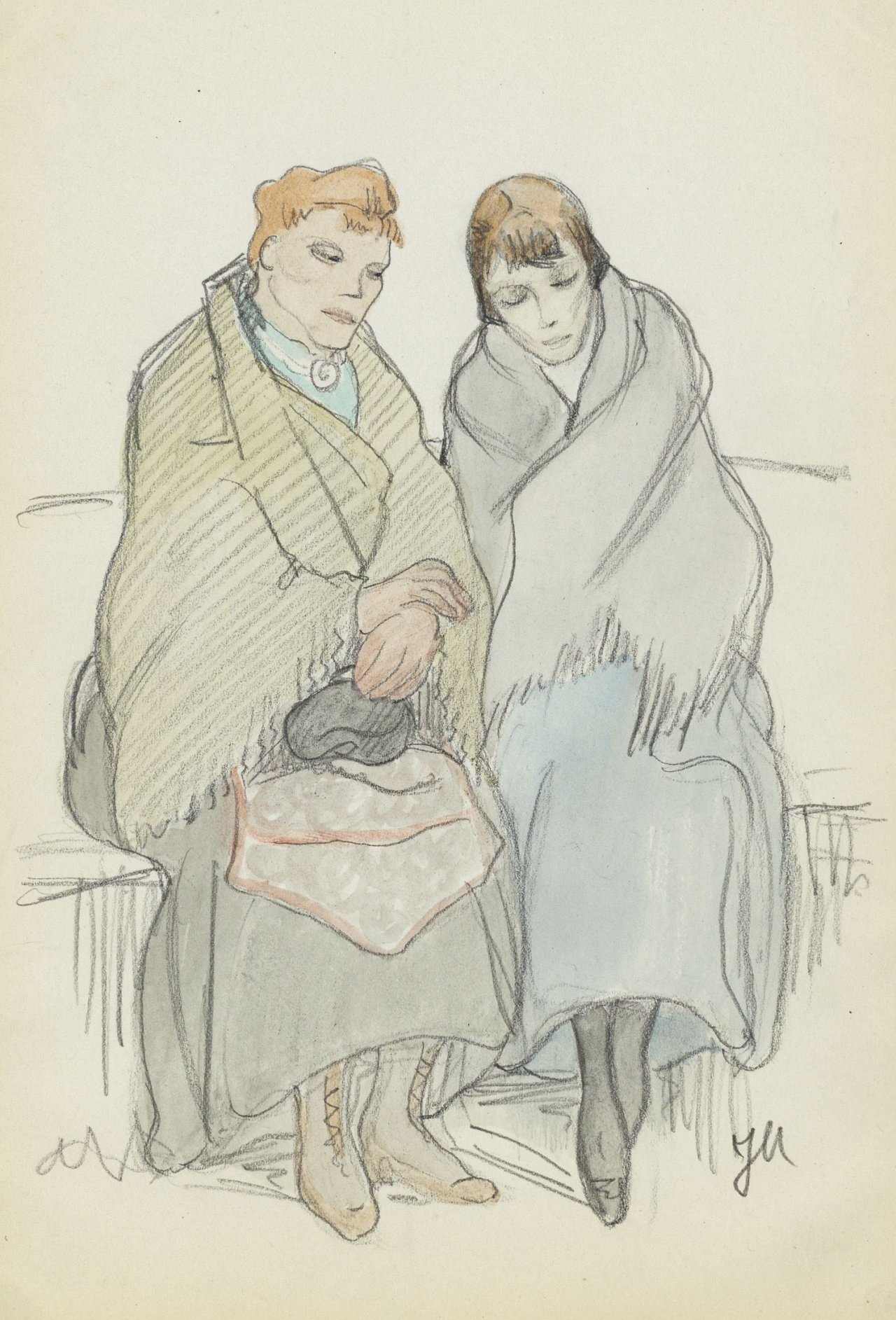 Auf diesem Bild ist das folgende Kunstwerk zu sehen: Jeanne Mammen. Zwei sitzende Frauen. Um 1910-14.