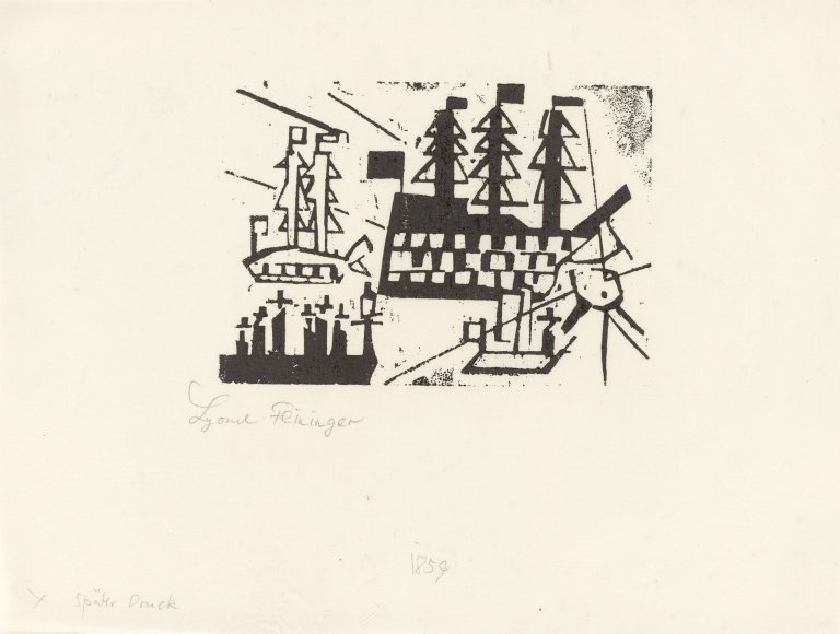 Auf diesem Bild ist das folgende Kunstwerk zu sehen: Lyonel Feininger. „Schiffe im Hafen“. 1918/1941.
