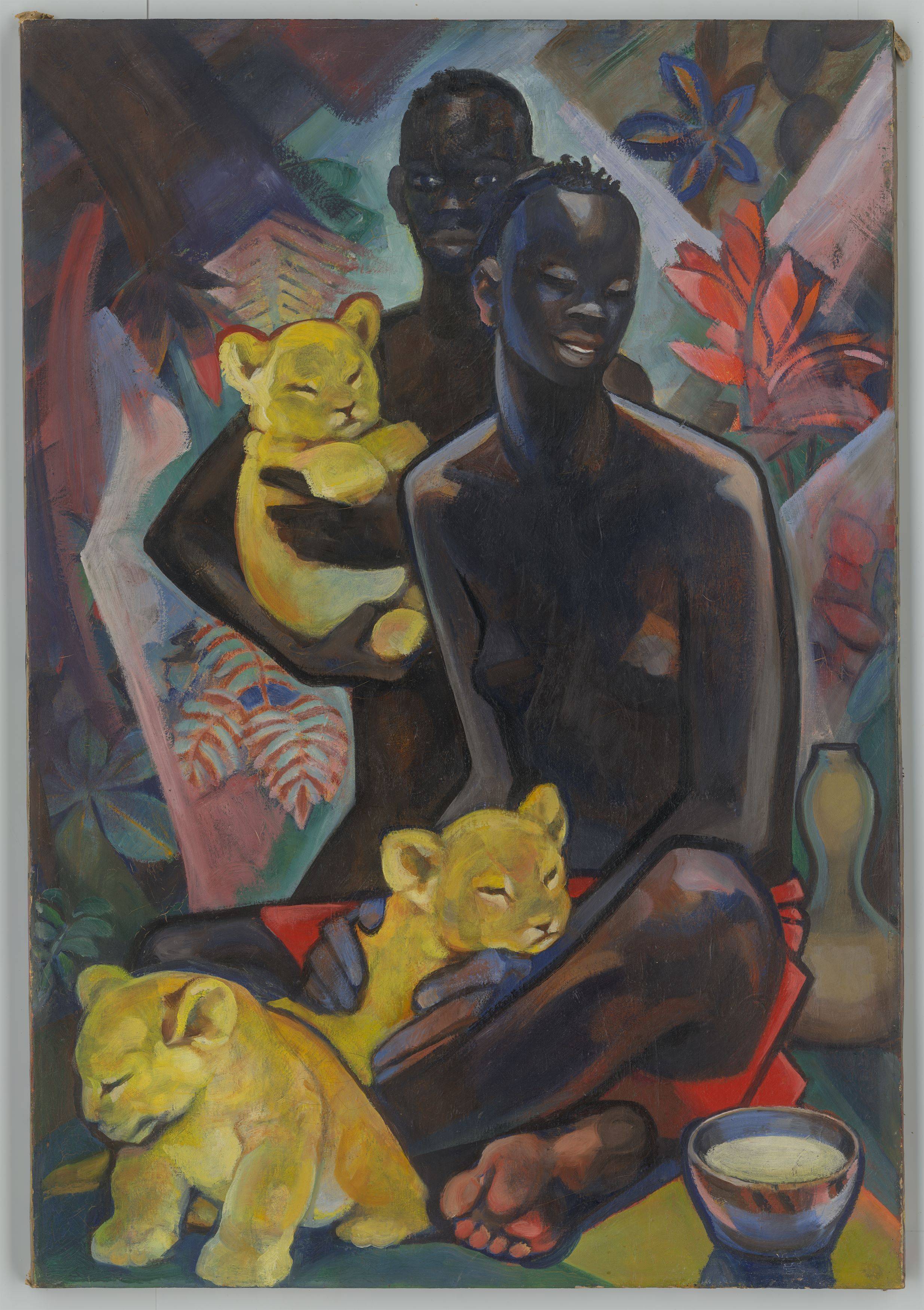 This picture shows the following artwork: Marie-Louise Mammen. Couple with Lion Cubs. Circa 1928.