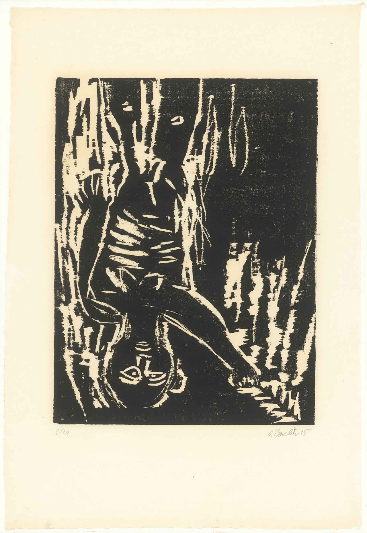 Auf diesem Bild ist das folgende Kunstwerk zu sehen: Georg Baselitz. „Mann mit Tanne IV (mit Rot)“. 1985/86.