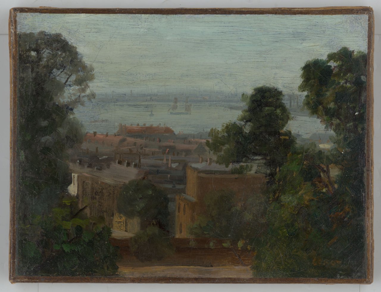Auf diesem Bild ist das folgende Kunstwerk zu sehen:  Französisch, um 1840/60. Blick auf Le Havre.