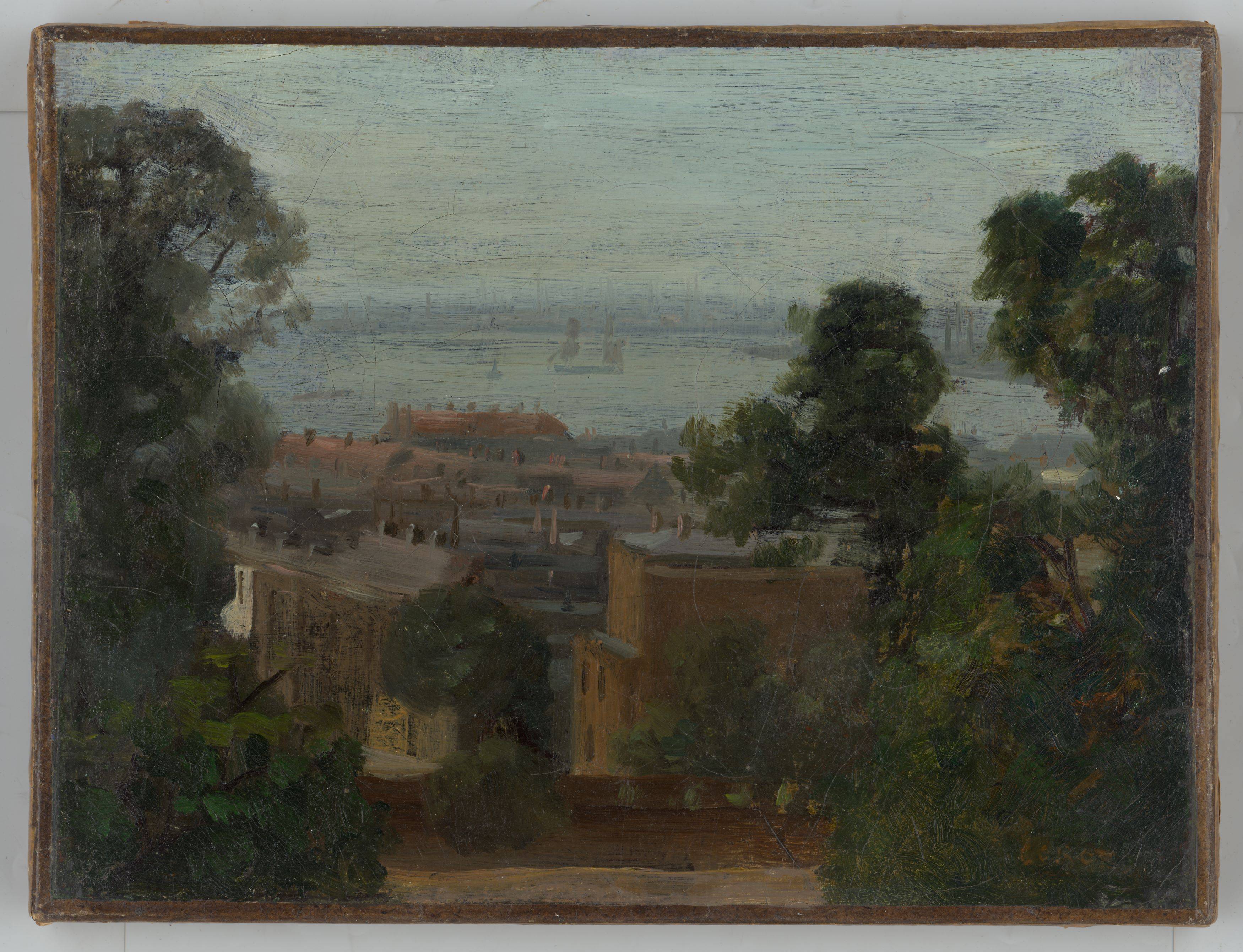 Auf diesem Bild ist das folgende Kunstwerk zu sehen:  Französisch, um 1840/60. Blick auf Le Havre.