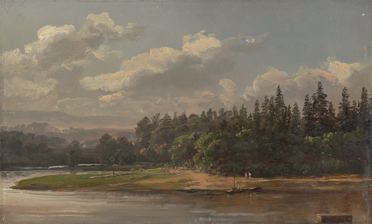 Auf diesem Bild ist das folgende Kunstwerk zu sehen: Johan Christian Clausen Dahl. Elblandschaft nahe Dresden („River Landscape“). 1851.