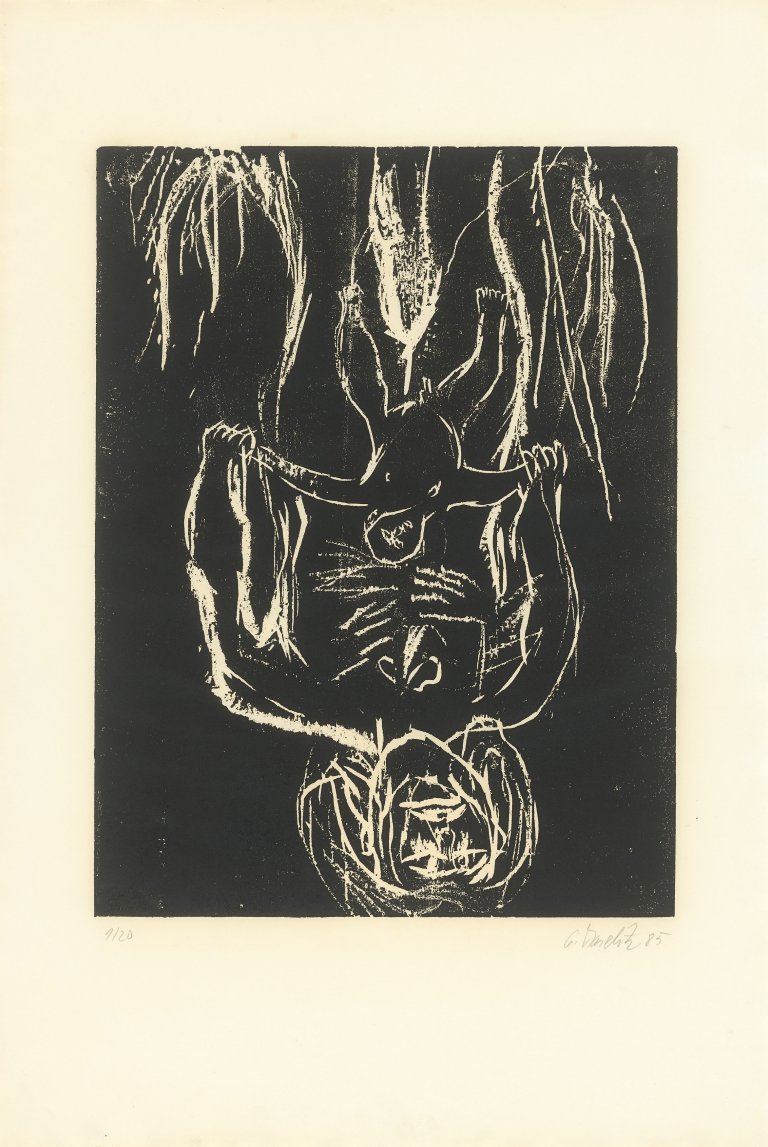 Auf diesem Bild ist das folgende Kunstwerk zu sehen: Georg Baselitz. „Schwarze Mutter, schwarzes Kind“. 1985/86.