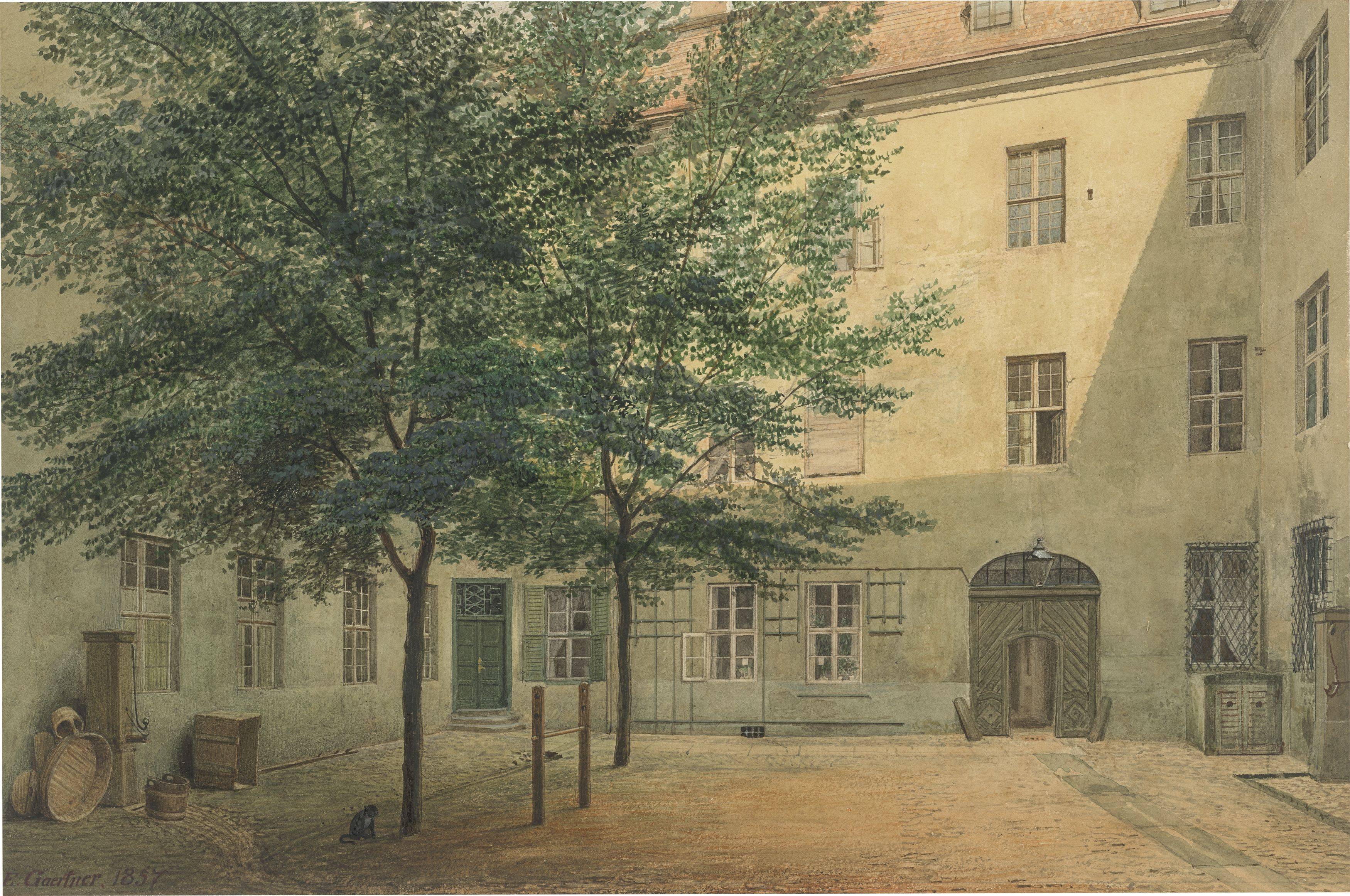 Auf diesem Bild ist das folgende Kunstwerk zu sehen: Eduard Gaertner. „Hof des Joachimsthalschen Gymnasiums“. 1857.