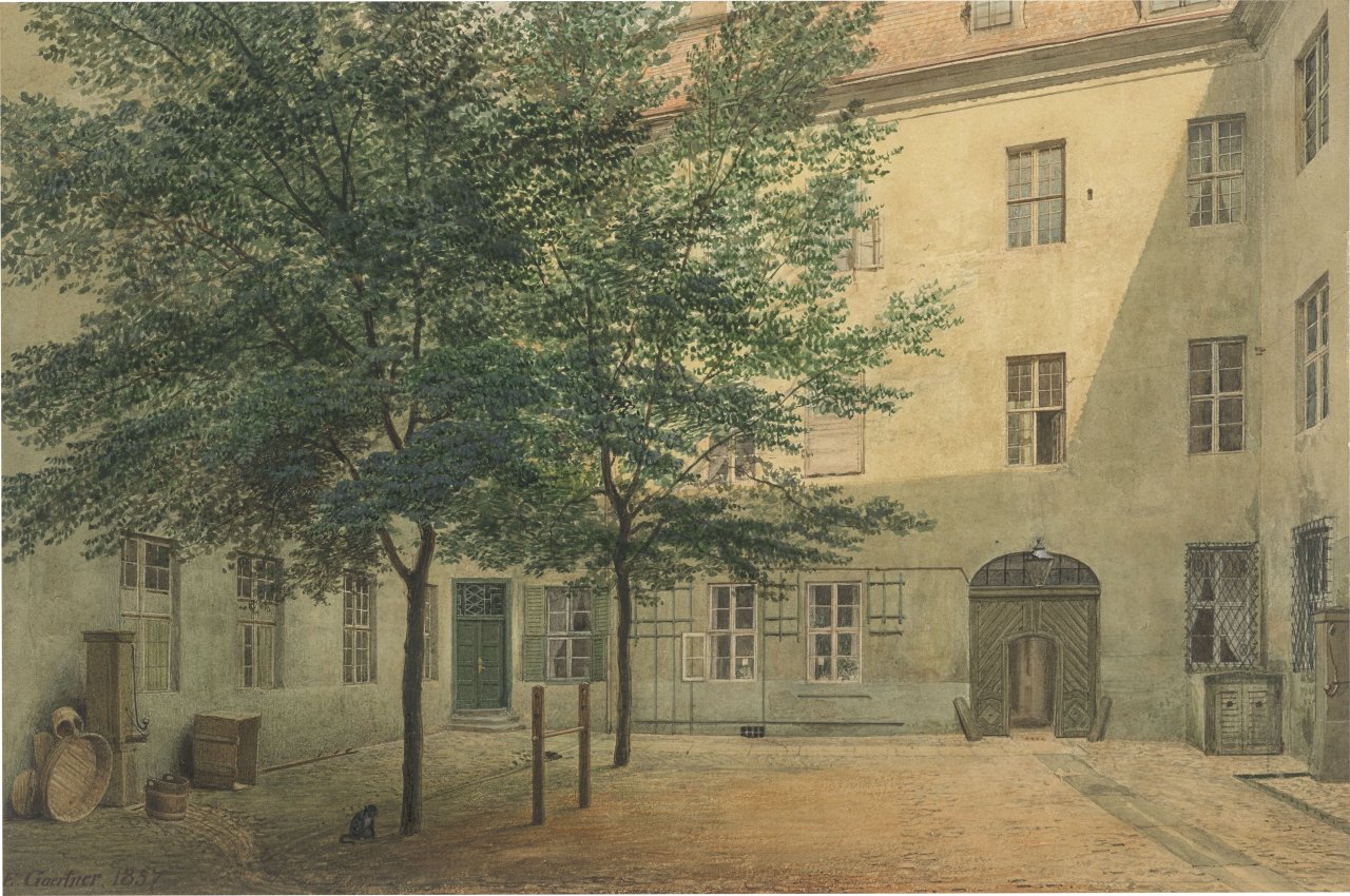Auf diesem Bild ist das folgende Kunstwerk zu sehen: Eduard Gaertner. „Hof des Joachimsthalschen Gymnasiums“. 1857.