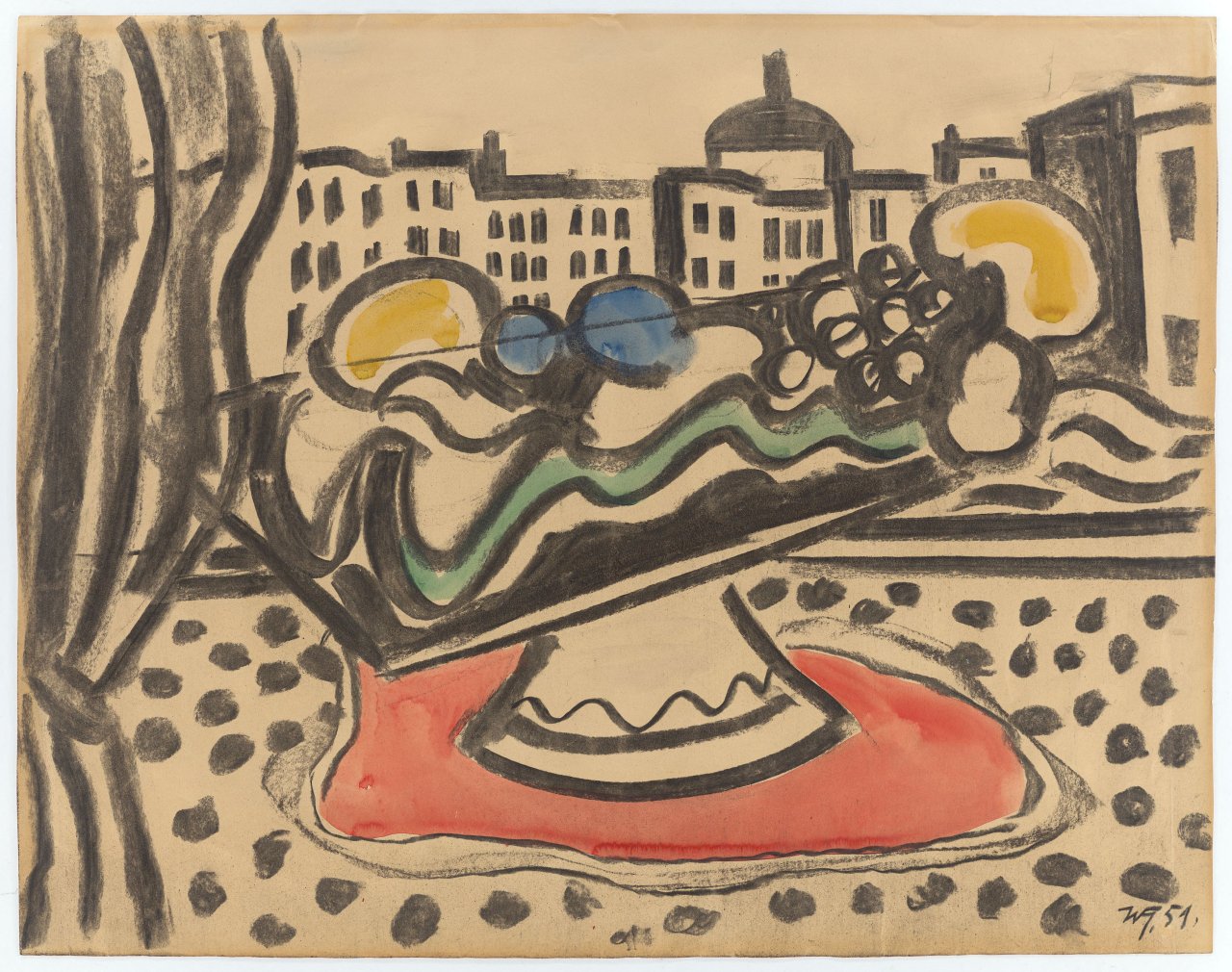 Auf diesem Bild ist das folgende Kunstwerk zu sehen: Werner Heldt. „Blick aus dem Fenster mit Fruchtkorb“. 1951.