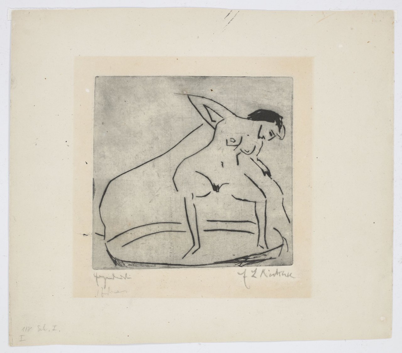 This picture shows the following artwork: Ernst Ludwig Kirchner. ”Sich abtrocknendes Mädchen mit Beinen im Tub”. 1908.