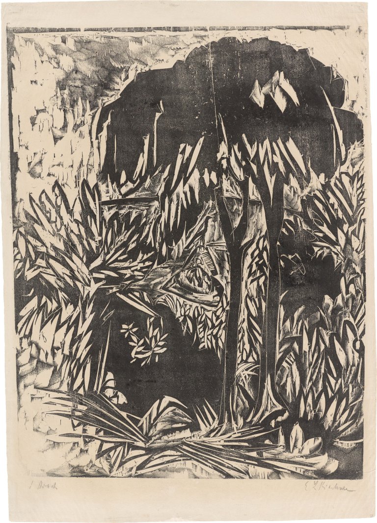 Auf diesem Bild ist das folgende Kunstwerk zu sehen: Ernst Ludwig Kirchner. „Bäume und Büsche am Strand, Fehmarn“. 1913.