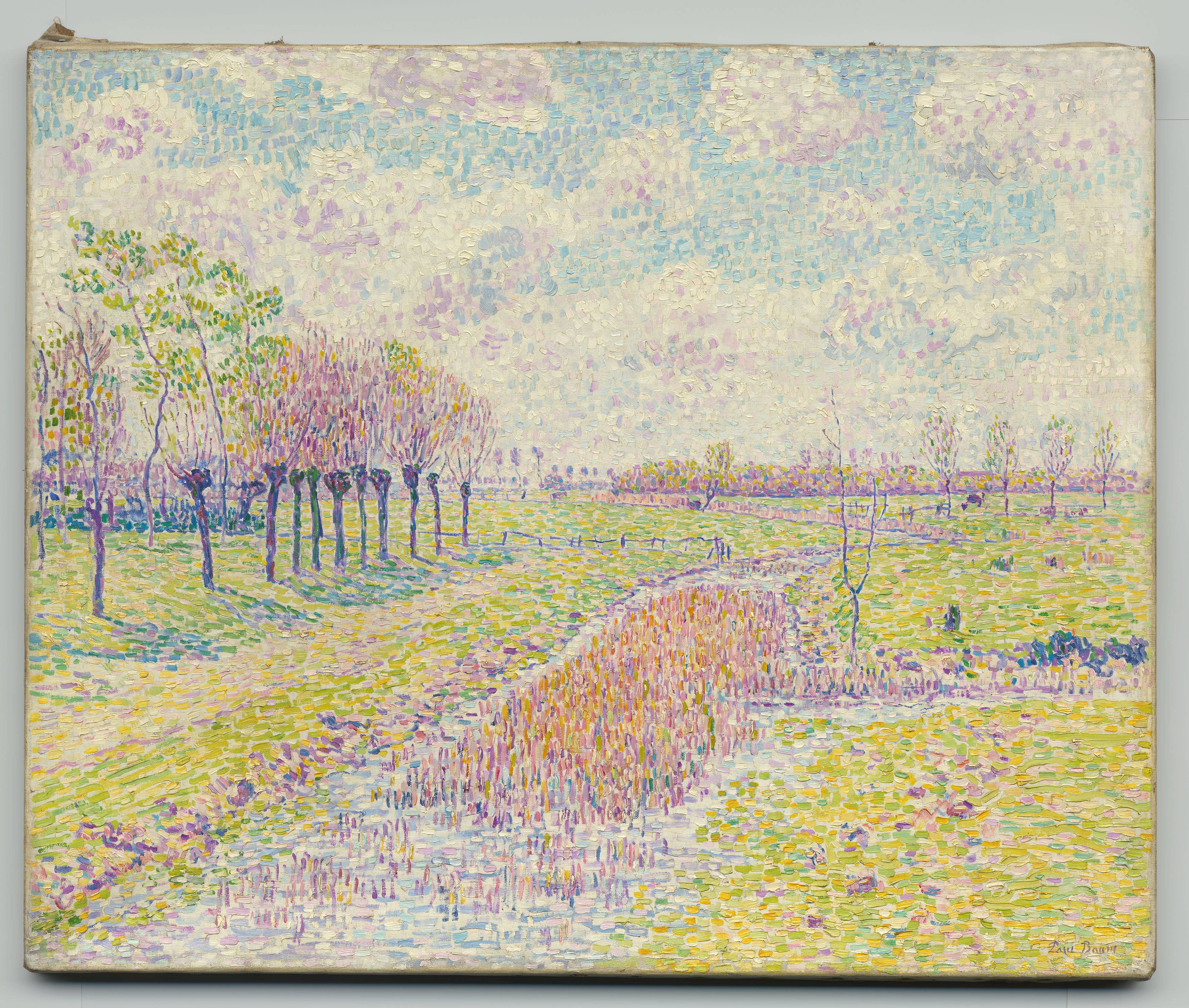 Auf diesem Bild ist das folgende Kunstwerk zu sehen: Paul Baum. „Kopfweidenreihe an sonnigen Frühlingswiesen mit schilfgrasdurchwachsenem Bach“ („Frühlingslandschaft mit Wasserlauf“). Um 1906.