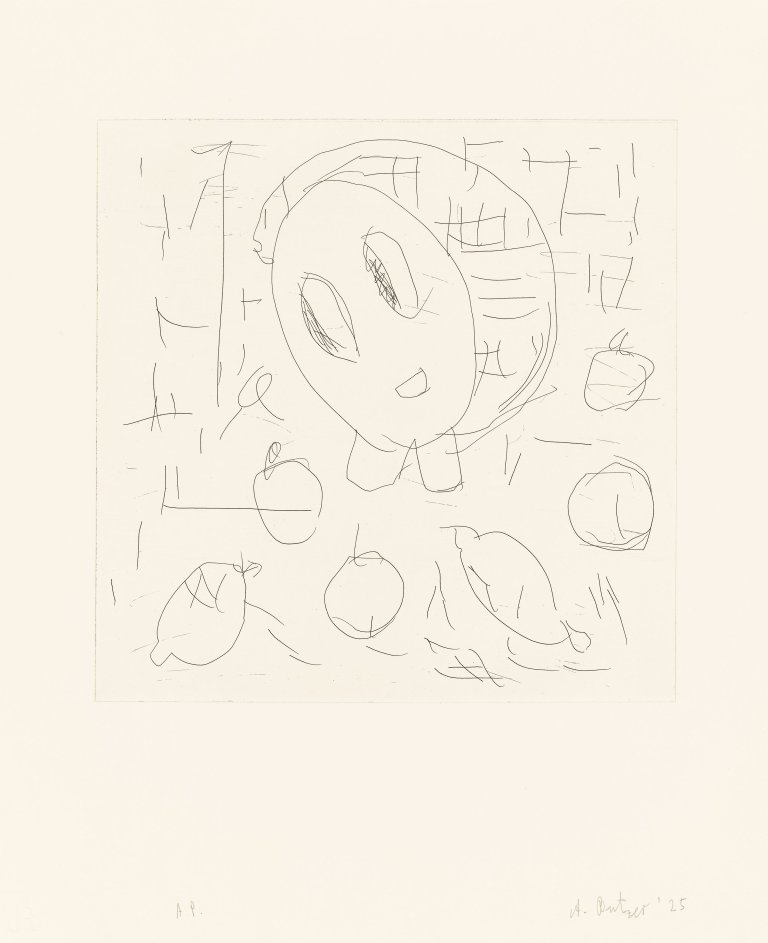 Auf diesem Bild ist das folgende Kunstwerk zu sehen: André Butzer. „Frau und Früchte II“. 2025.