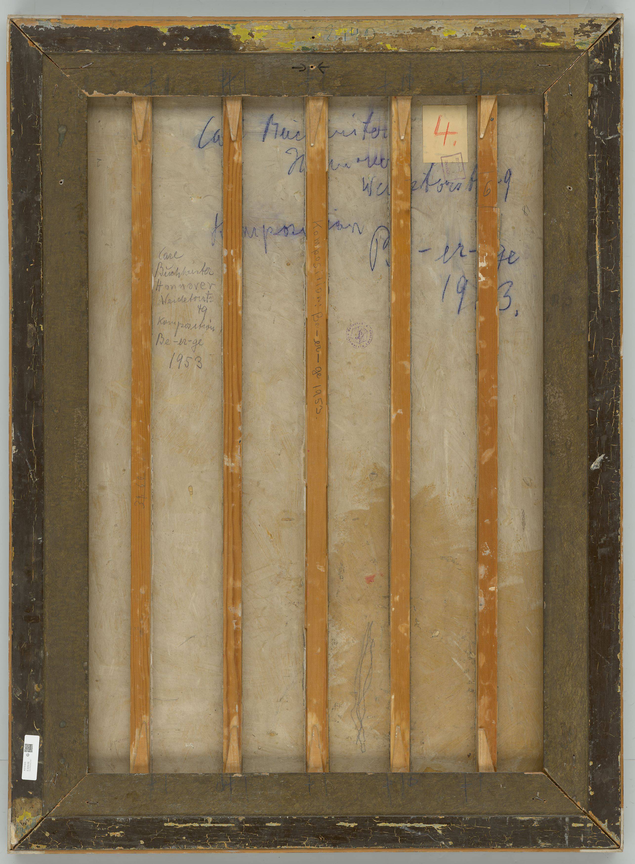 Auf diesem Bild ist das folgende Kunstwerk zu sehen: Carl Buchheister. „Komposition Be-er-ge (=b-lau, r-ot. g-elb)“. 1953.