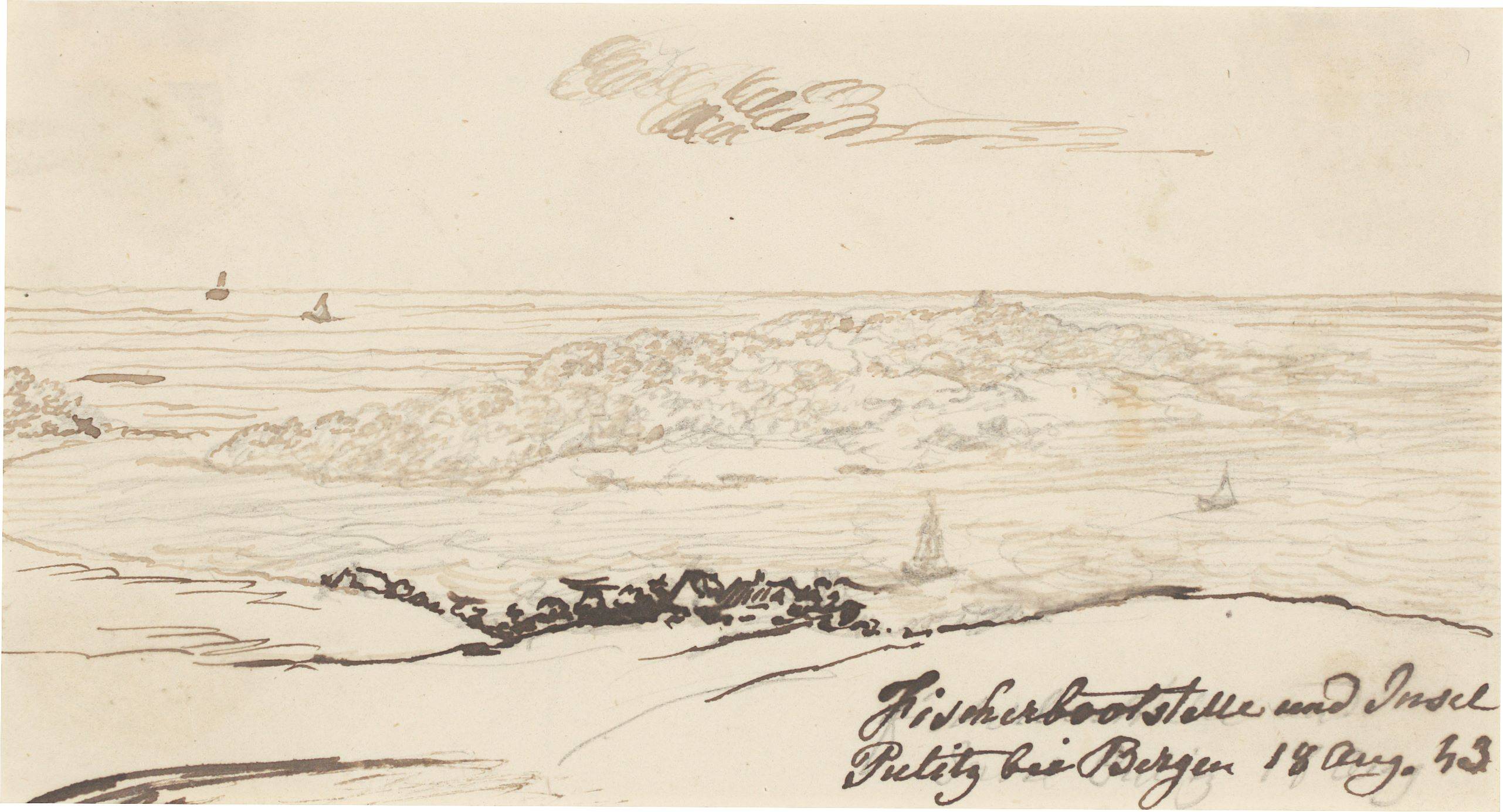 This picture shows the following artwork: Johan Christian Clausen Dahl. Two study drawings: Fishing boat mooring near Bergen / Fishing hut in Binz. 1843.