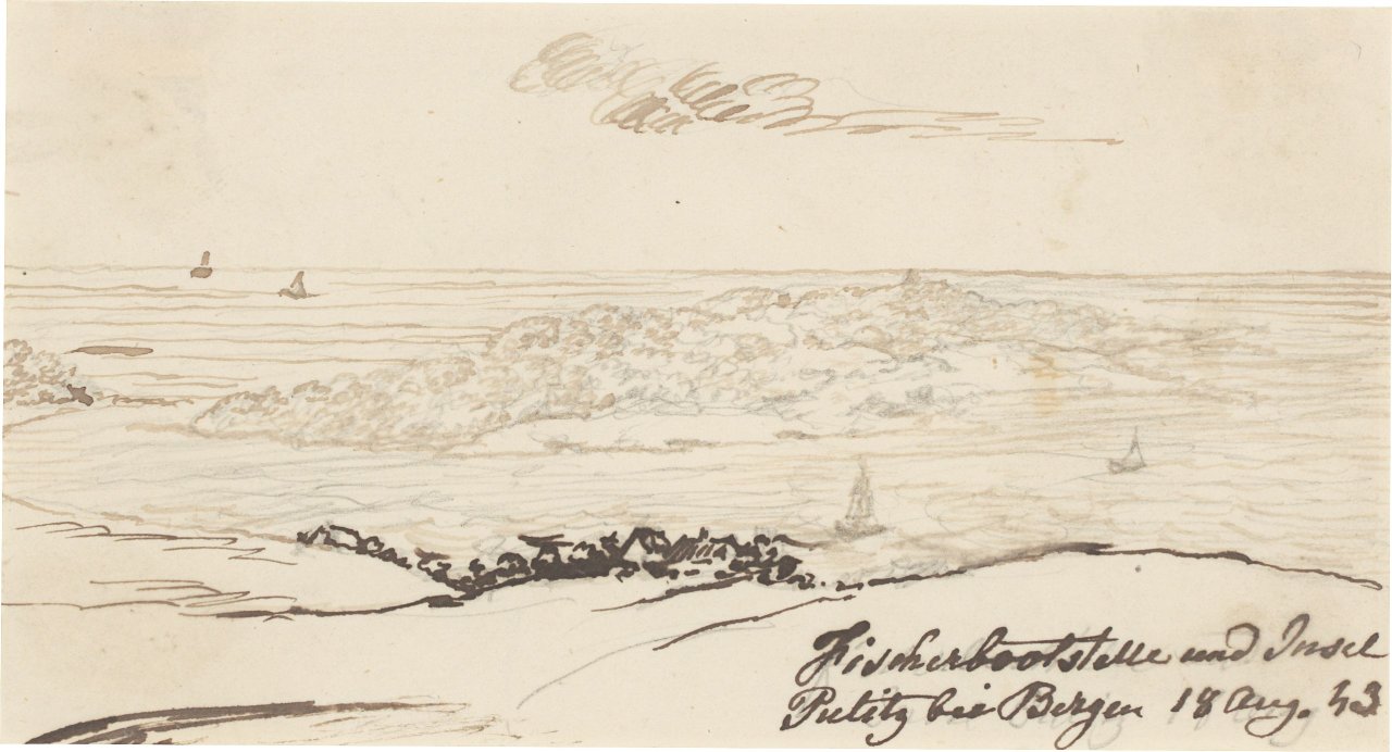 This picture shows the following artwork: Johan Christian Clausen Dahl. Two study drawings: Fishing boat mooring near Bergen / Fishing hut in Binz. 1843.
