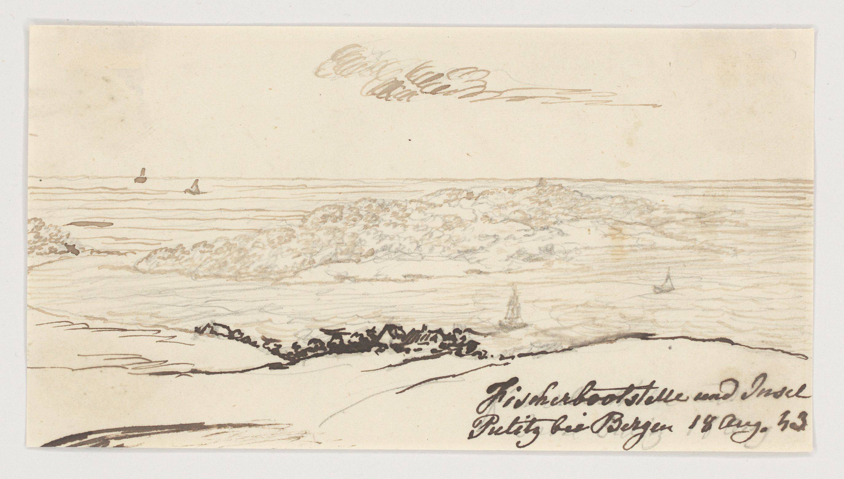 This picture shows the following artwork: Johan Christian Clausen Dahl. Two study drawings: Fishing boat mooring near Bergen / Fishing hut in Binz. 1843.