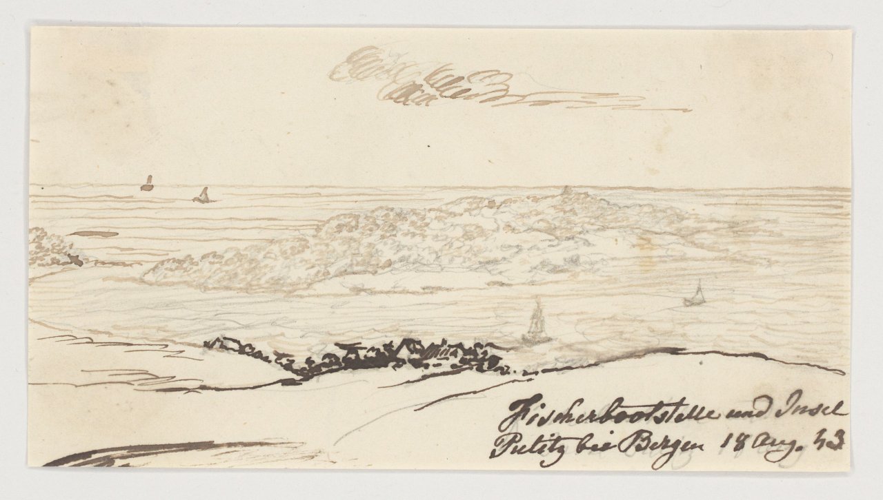 This picture shows the following artwork: Johan Christian Clausen Dahl. Two study drawings: Fishing boat mooring near Bergen / Fishing hut in Binz. 1843.