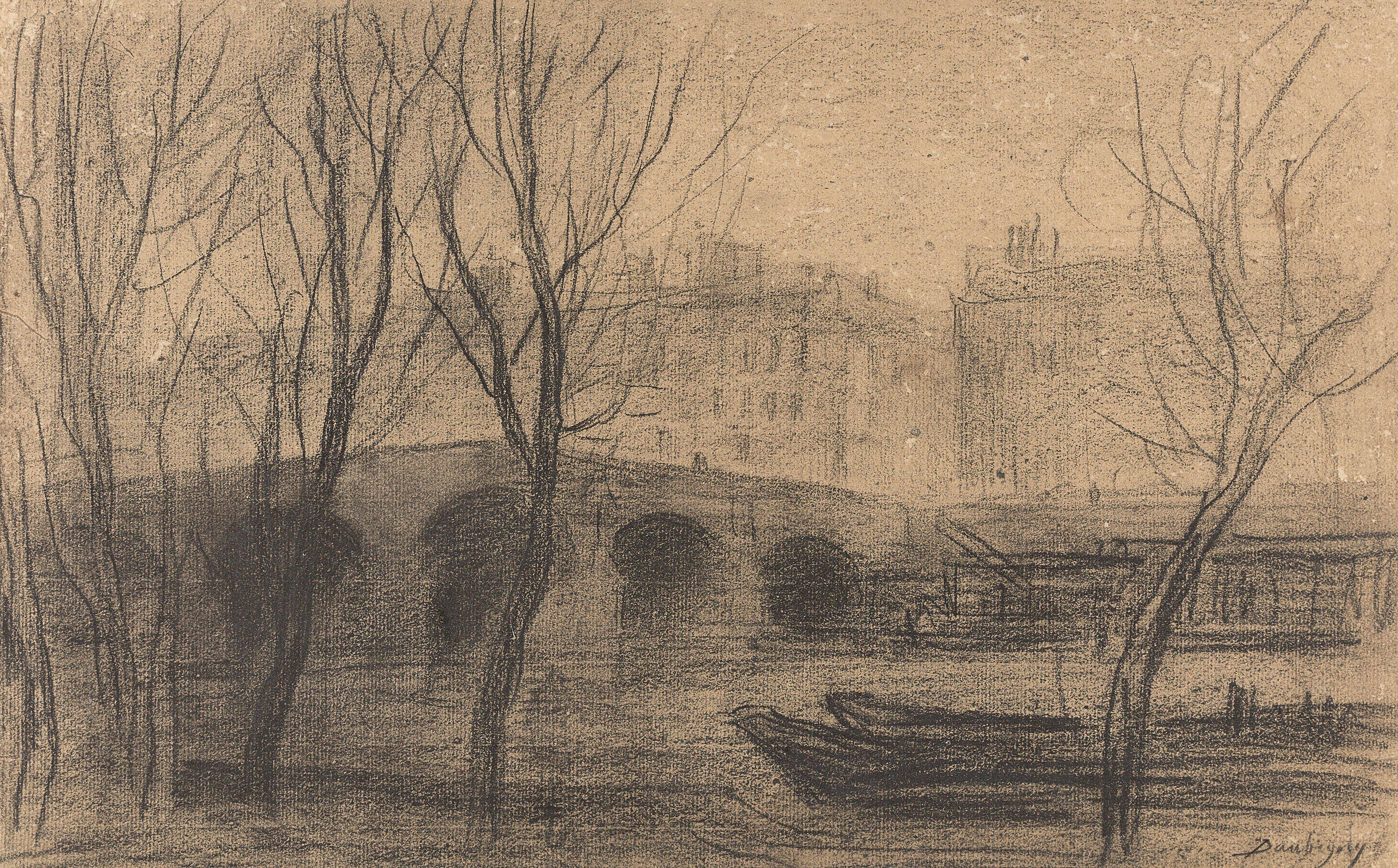 Auf diesem Bild ist das folgende Kunstwerk zu sehen: Charles-François Daubigny. Blick auf die Seine und den Pont Marie, Paris.