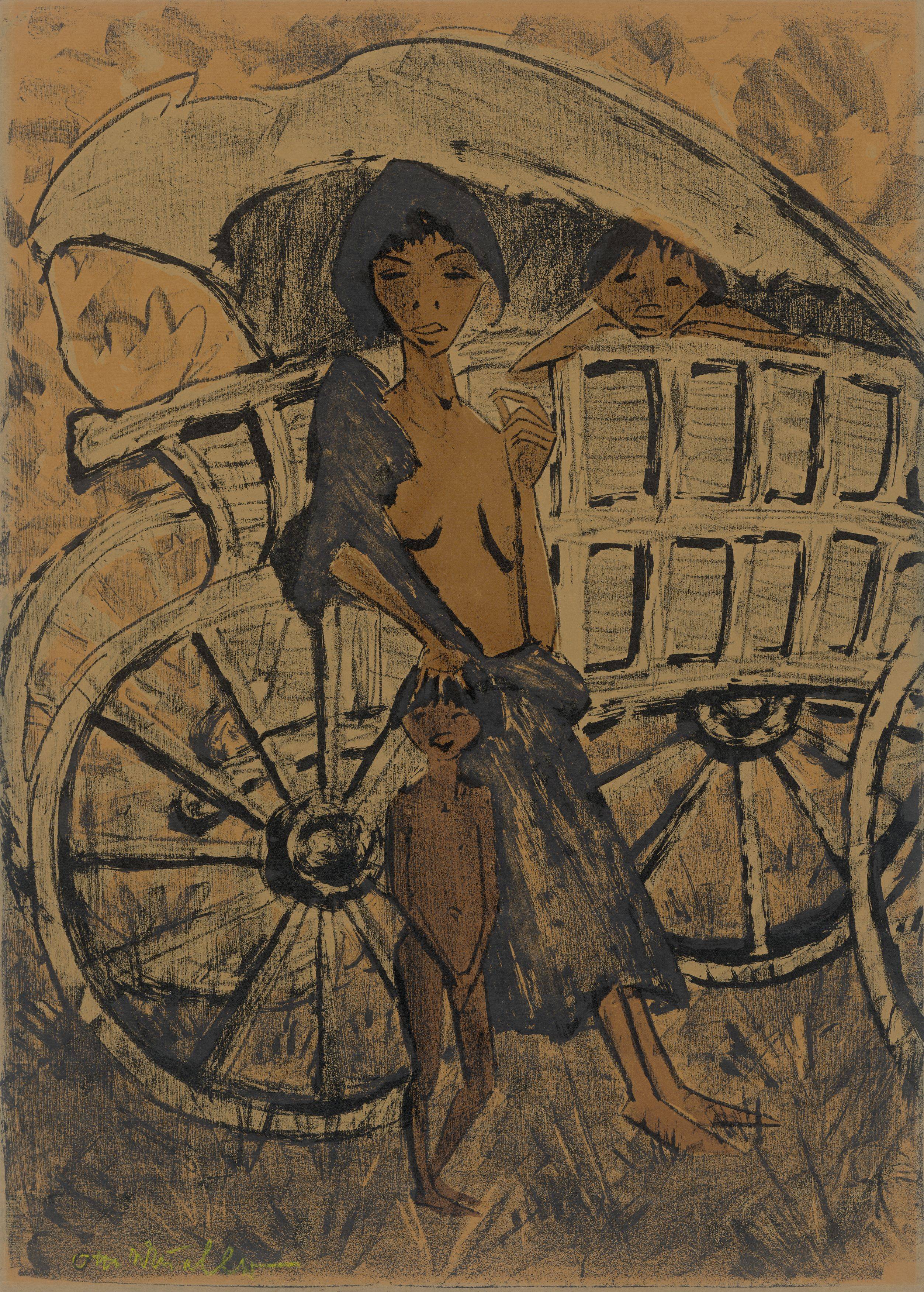 This picture shows the following artwork: Otto Mueller. ”Zigeunerin mit dem Kind vor dem Planwagen”. 1926/27.