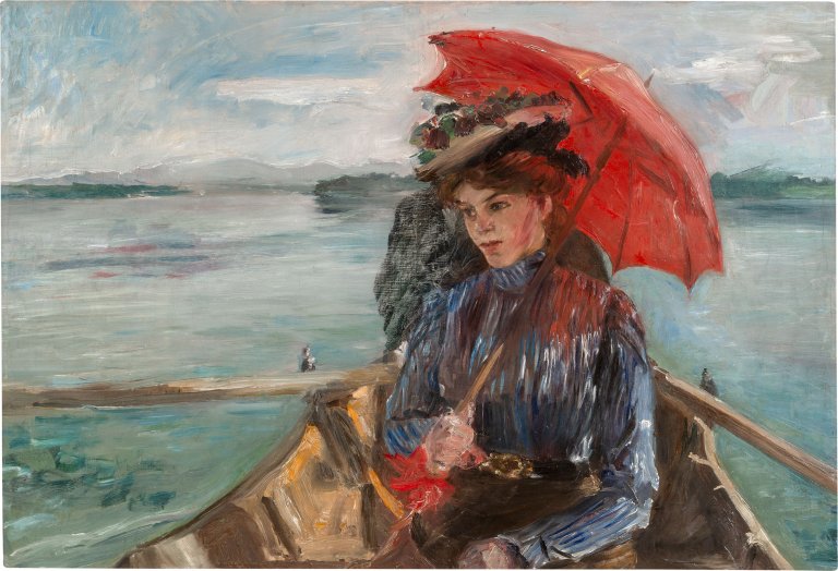 Auf diesem Bild ist das folgende Kunstwerk zu sehen: Lovis Corinth. „Fräulein Heck“ (Im Boot auf dem Starnberger See). 1897.