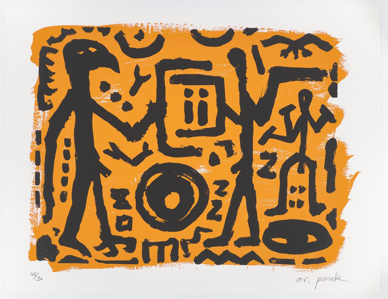 Auf diesem Bild ist das folgende Kunstwerk zu sehen: A.R. Penck. „Falkenkopf, Jäger und Adler“. 1994.