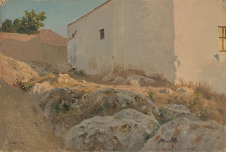 Auf diesem Bild ist das folgende Kunstwerk zu sehen: Stefan Bakałowicz. Sizilianisches Bauernhaus in der Sonne. Um 1880.