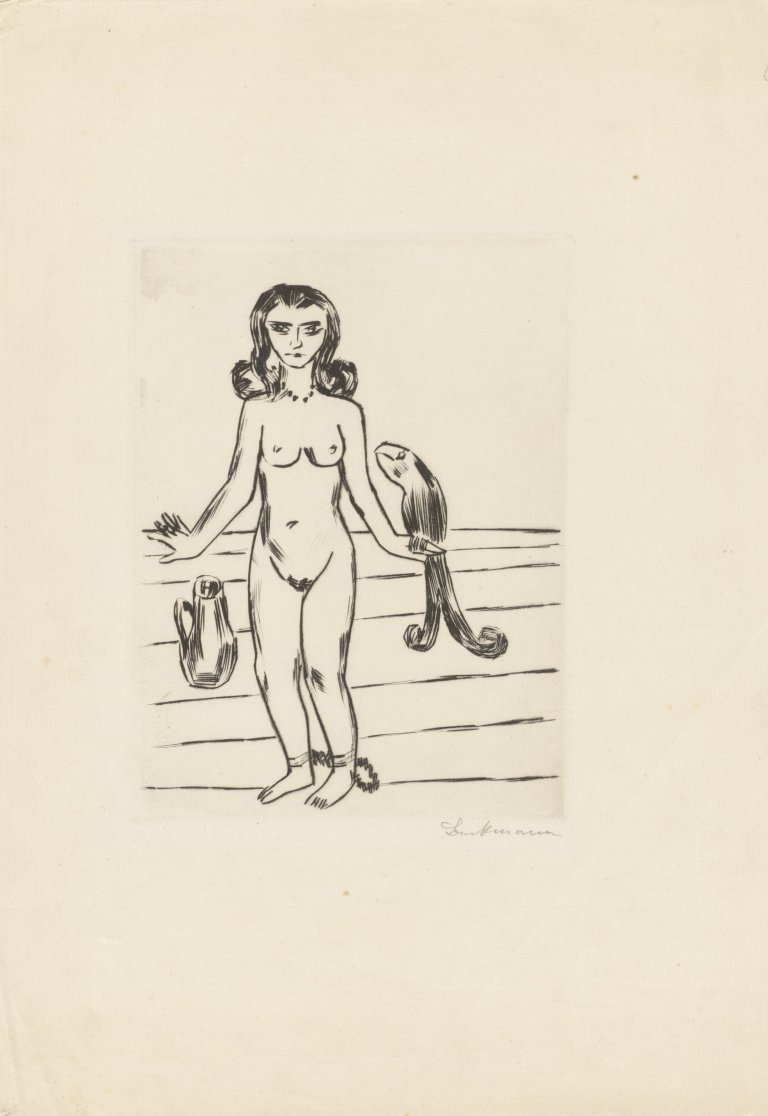 Auf diesem Bild ist das folgende Kunstwerk zu sehen: Max Beckmann. „Die Prinzessin Ursula von Bärwalde im Schlossturm von König Jerum gefangen, beraten von dem guten Vogel Neuntöter“. 1923/24.