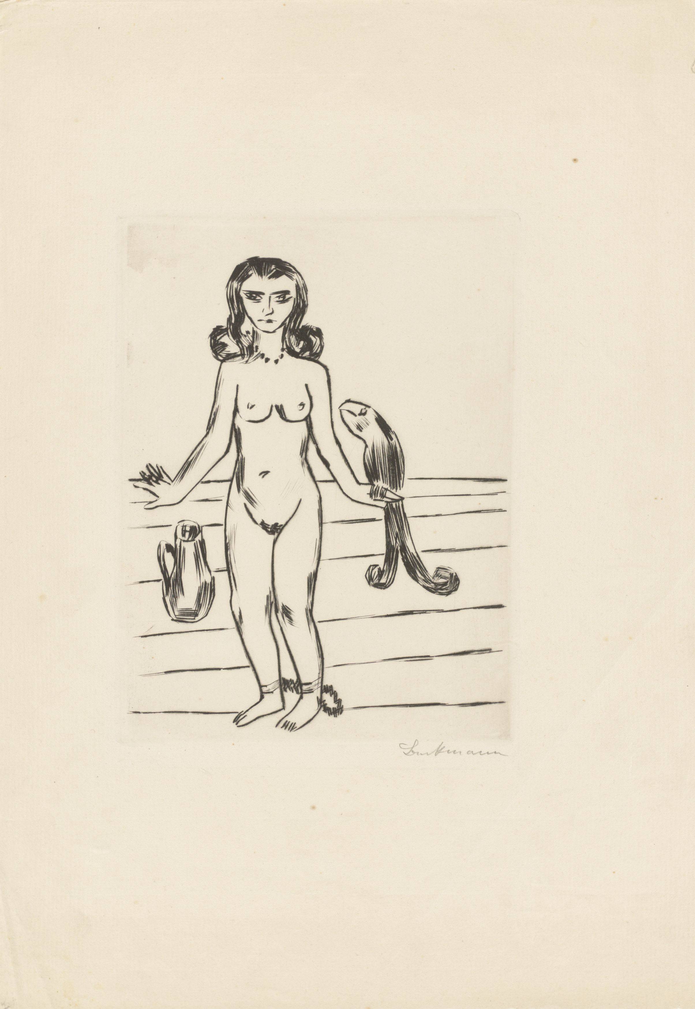 Auf diesem Bild ist das folgende Kunstwerk zu sehen: Max Beckmann. „Die Prinzessin Ursula von Bärwalde im Schlossturm von König Jerum gefangen, beraten von dem guten Vogel Neuntöter“. 1923/24.