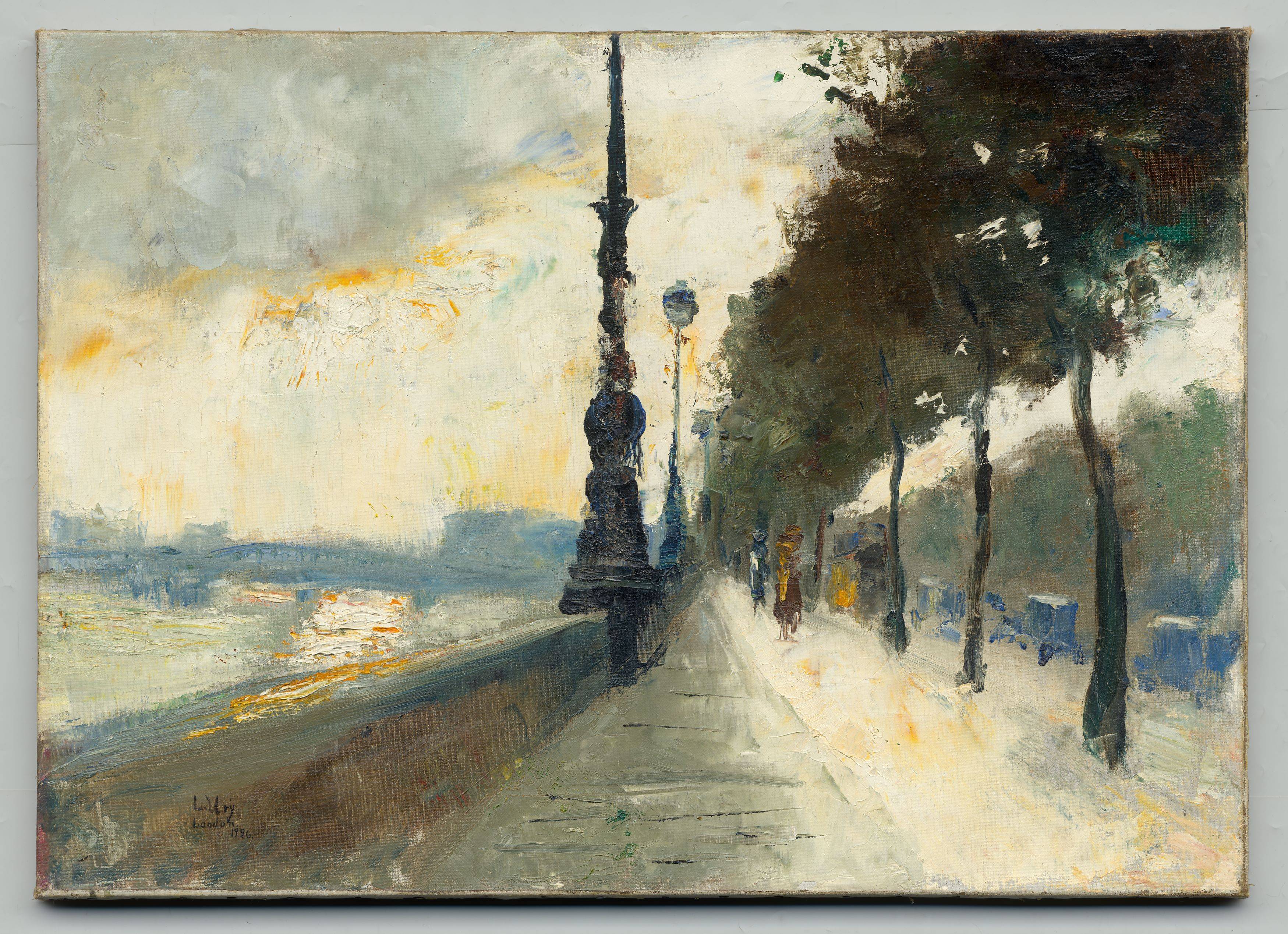 Auf diesem Bild ist das folgende Kunstwerk zu sehen: Lesser Ury. „Waterloo-Bridge bei durchbrechender Sonne (Victoria Embankment), London“. 1926.