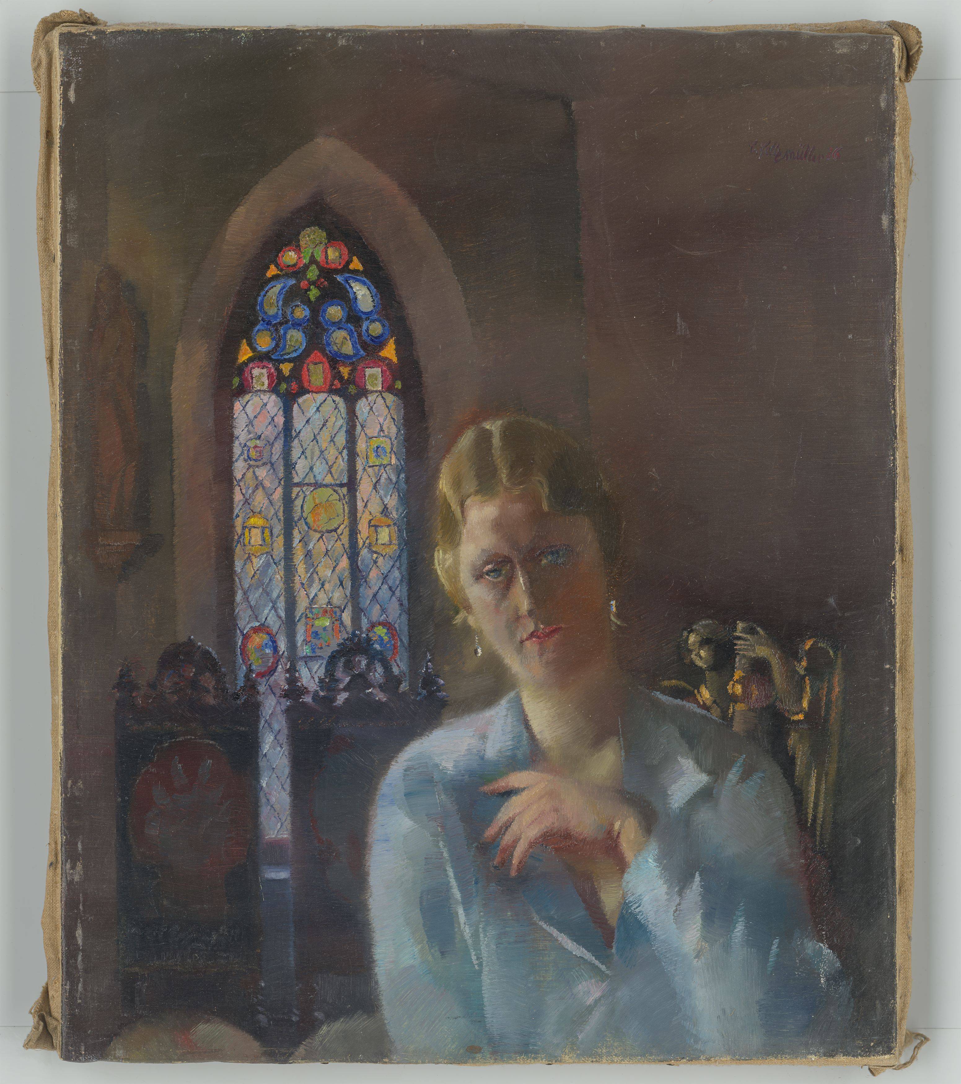 This picture shows the following artwork: Conrad Felixmüller. ”Im alten Schloss (Saal von Poschwitz, mit Frl. von Rochow)”. 1936.