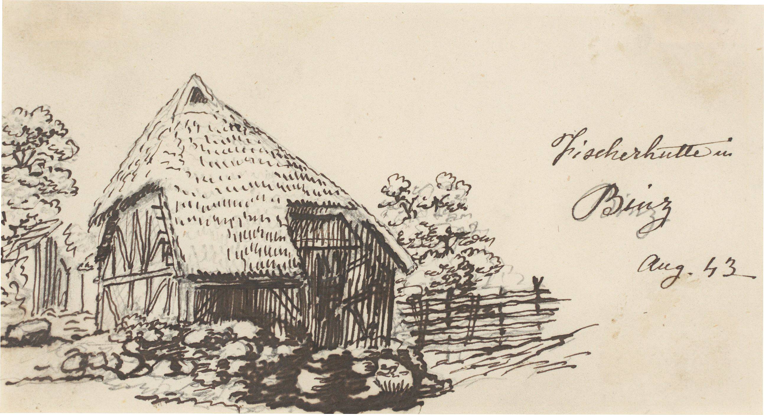 This picture shows the following artwork: Johan Christian Clausen Dahl. Two study drawings: Fishing boat mooring near Bergen / Fishing hut in Binz. 1843.
