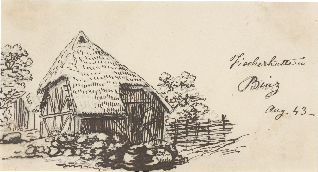 This picture shows the following artwork: Johan Christian Clausen Dahl. Two study drawings: Fishing boat mooring near Bergen / Fishing hut in Binz. 1843.