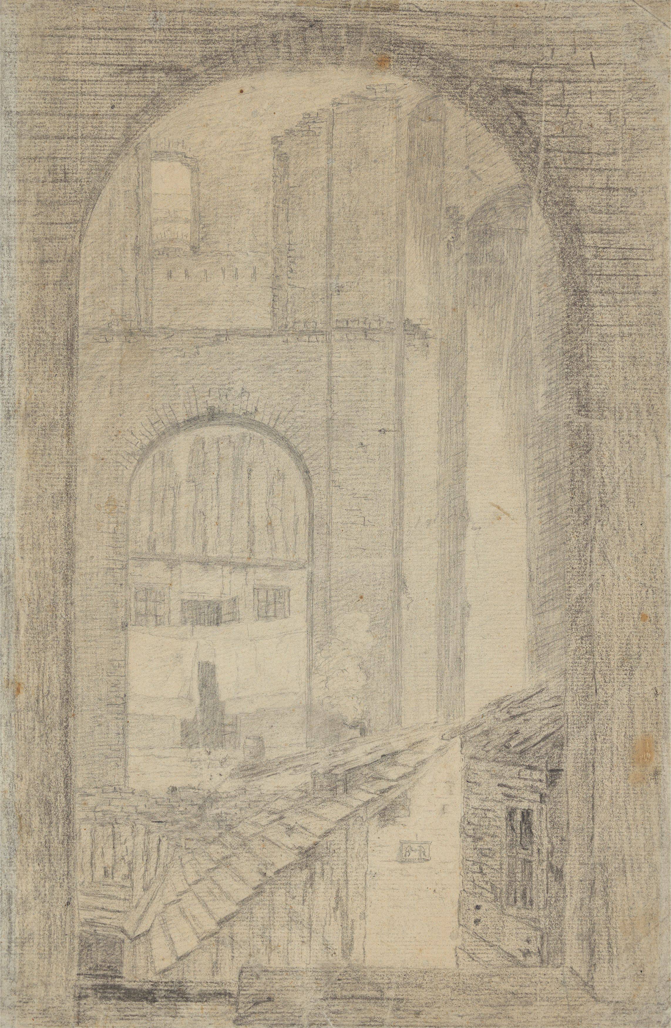 Auf diesem Bild ist das folgende Kunstwerk zu sehen: Caspar David Friedrich. „Ruinendurchblick“. Um 1798.