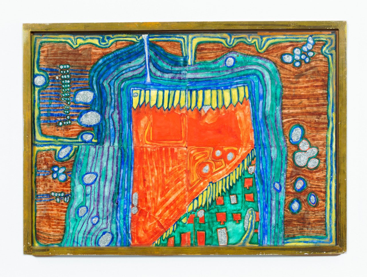 Auf diesem Bild ist das folgende Kunstwerk zu sehen: Friedensreich Hundertwasser. „Garten im Regentropfen – Theater – Maul – Capanna 140“. 1962.