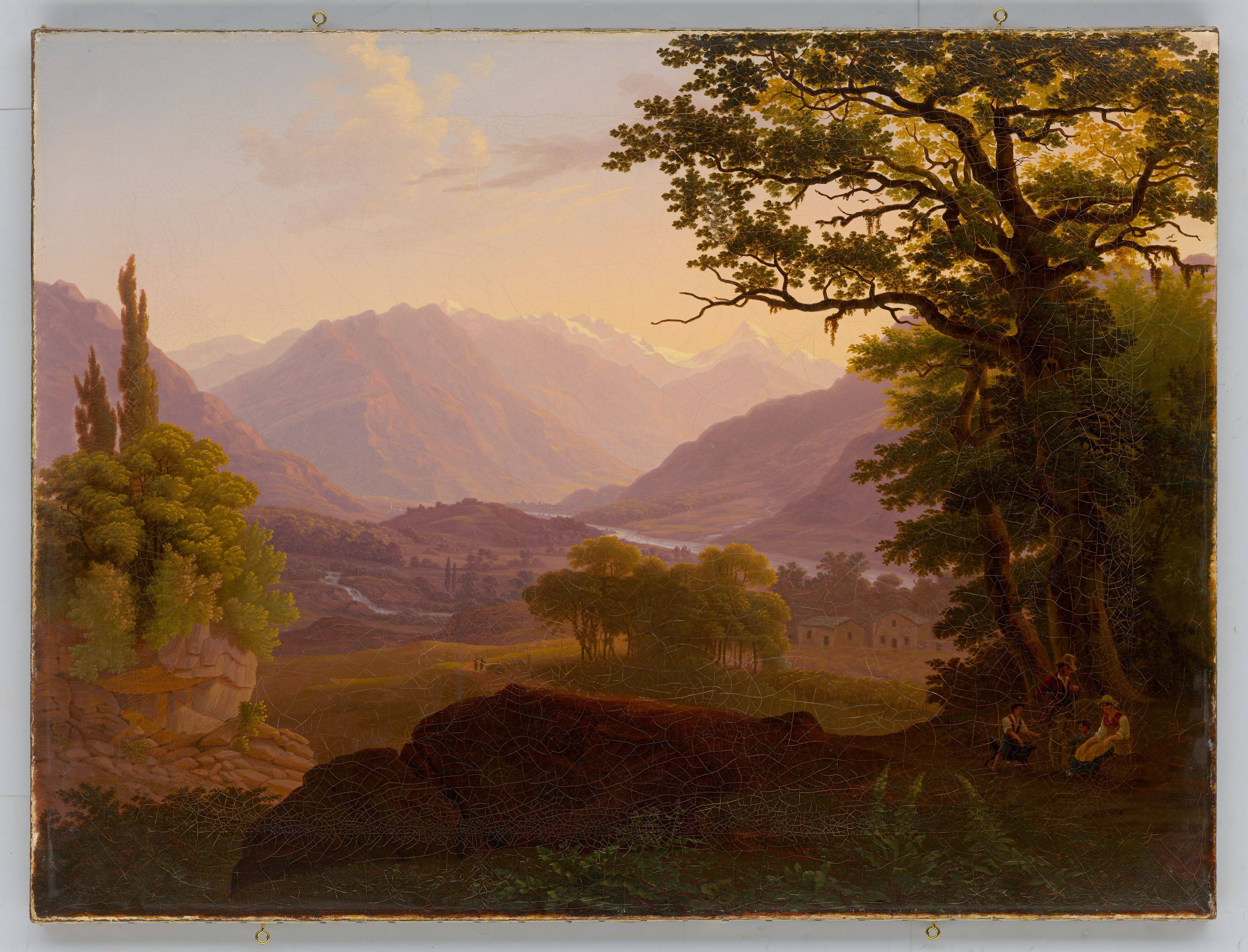 This picture shows the following artwork: Salomon Brunner. Northern Italian river landscape. 1836.