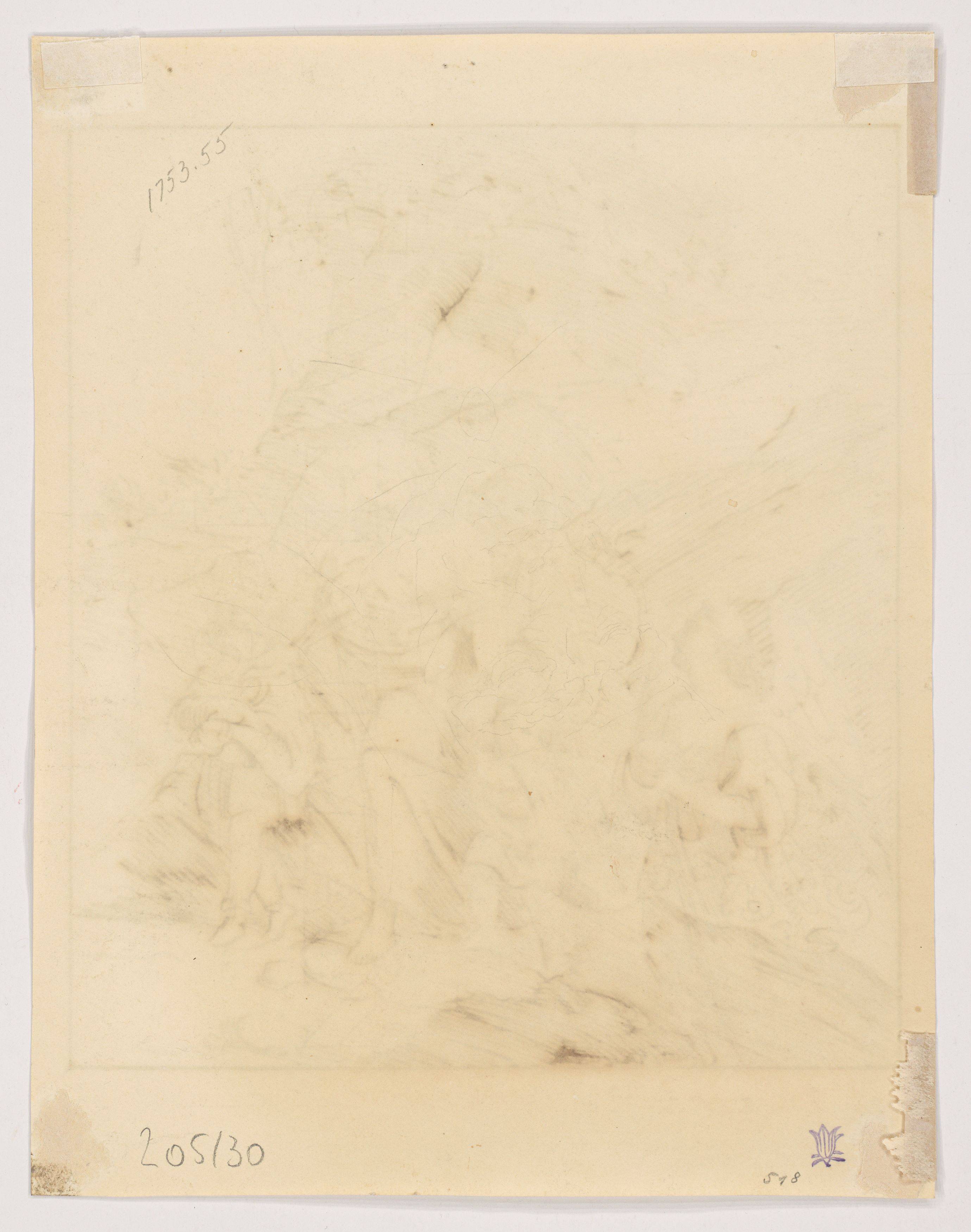 This picture shows the following artwork: Ludwig Emil Grimm. ”Die hl. Elisabeth verläßt 1227 die Wartburg mit ihren drei Kindern, gefolgt von einer Wärterin, geleitet von einem Engel”. Before 1834.