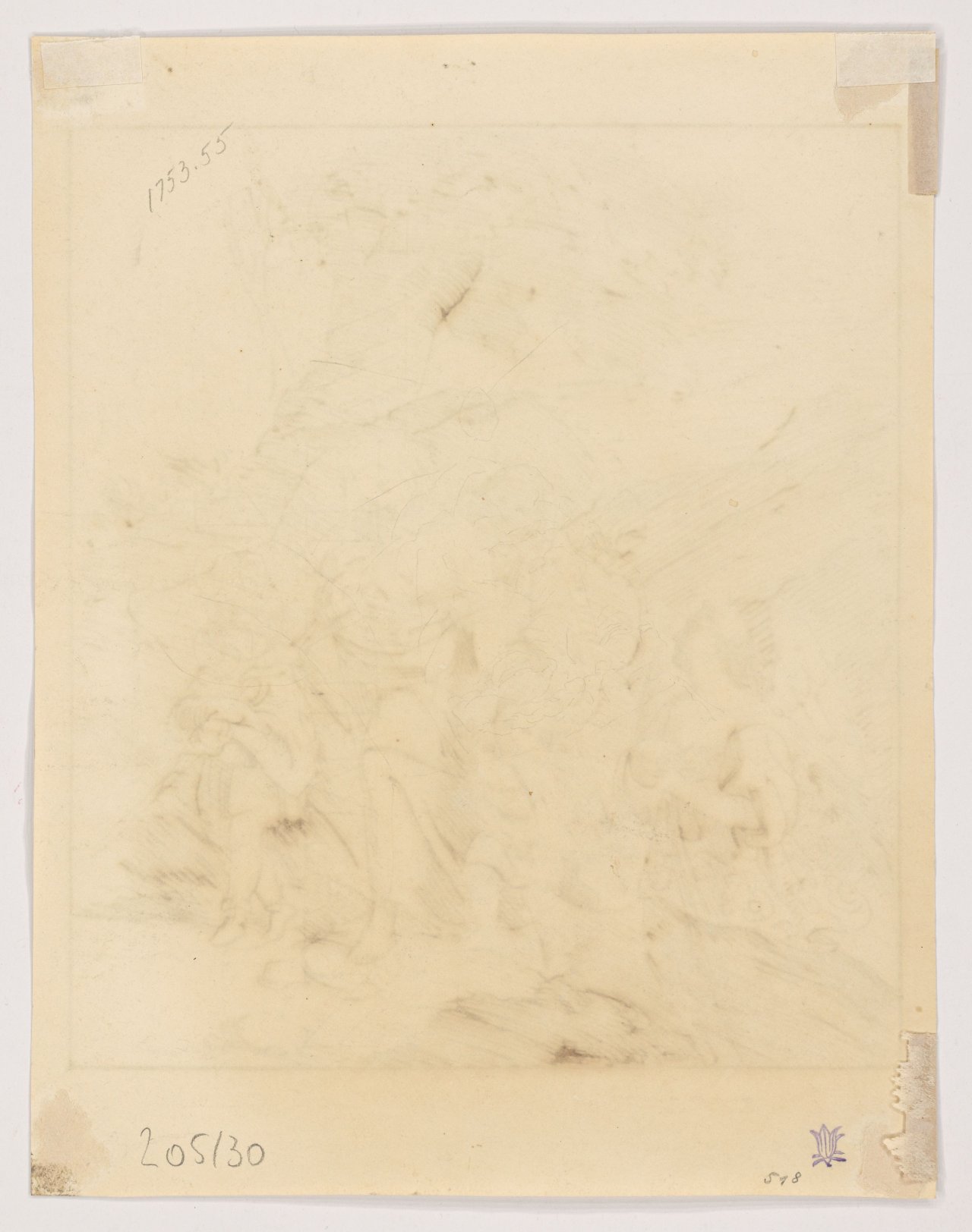 This picture shows the following artwork: Ludwig Emil Grimm. ”Die hl. Elisabeth verläßt 1227 die Wartburg mit ihren drei Kindern, gefolgt von einer Wärterin, geleitet von einem Engel”. Before 1834.