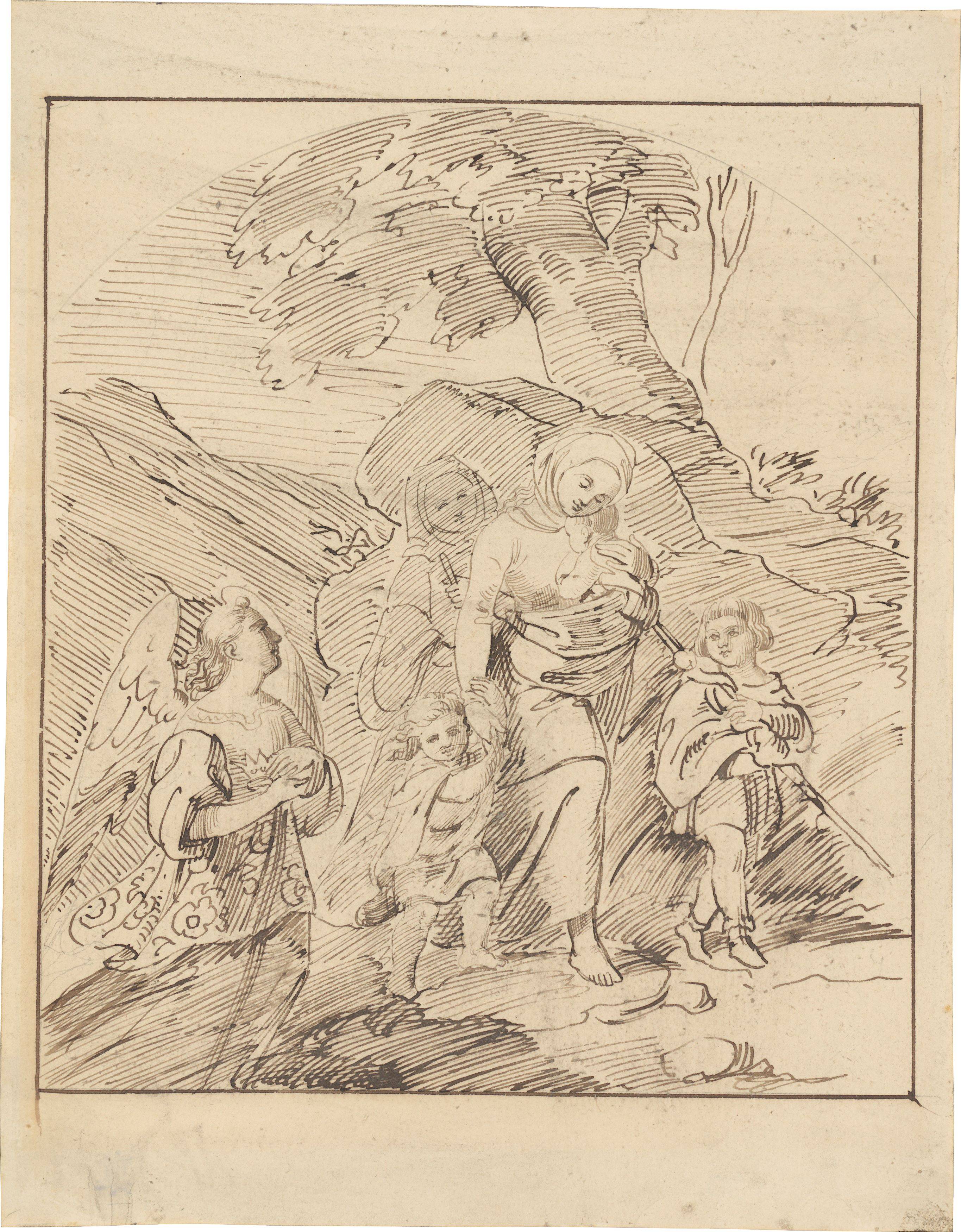 This picture shows the following artwork: Ludwig Emil Grimm. ”Die hl. Elisabeth verläßt 1227 die Wartburg mit ihren drei Kindern, gefolgt von einer Wärterin, geleitet von einem Engel”. Before 1834.