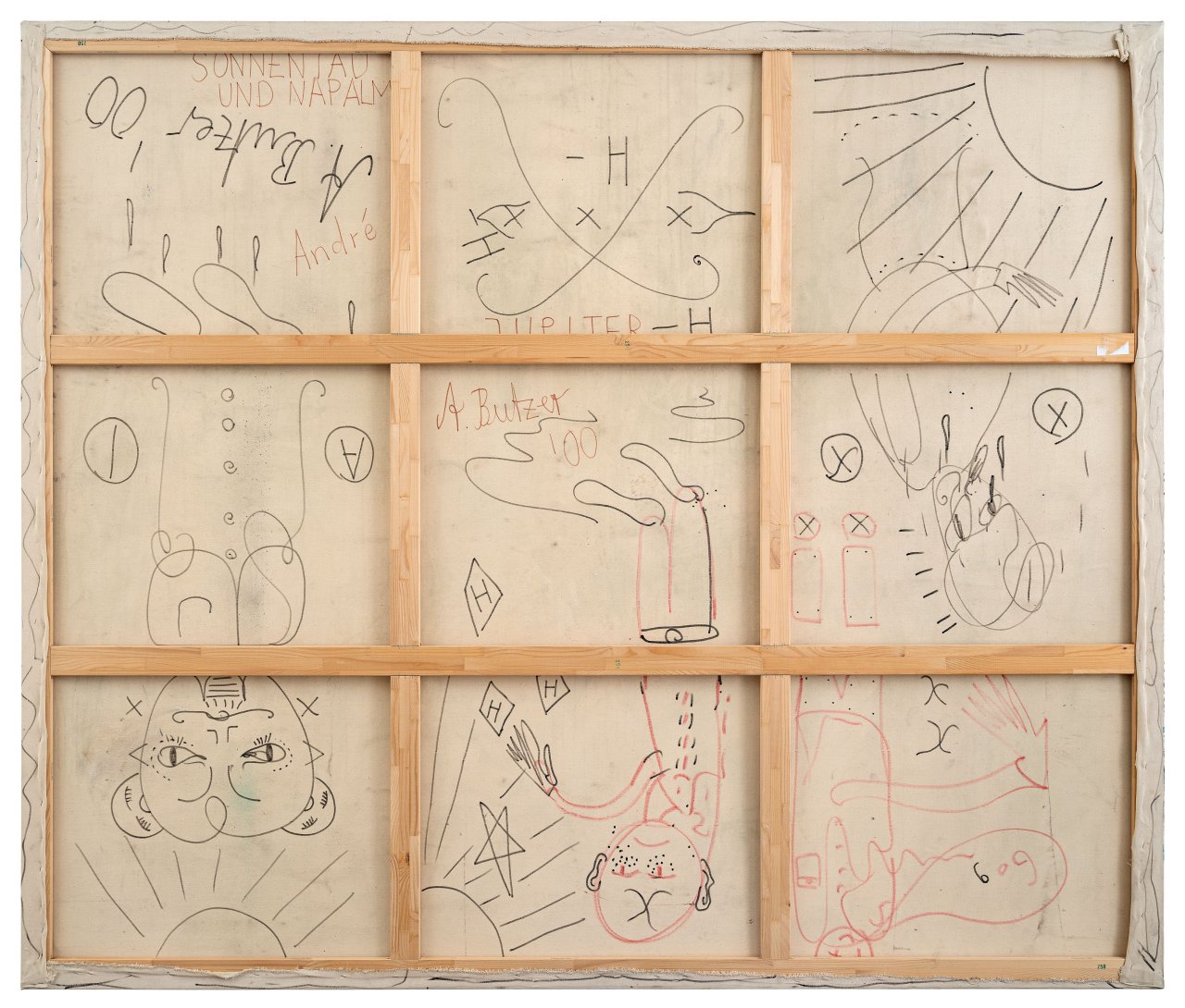 Auf diesem Bild ist das folgende Kunstwerk zu sehen: André Butzer. „Sonnentau und Napalm (VERSPERRT NICHT DIE PFADE DER FEEN!)“. 2000.